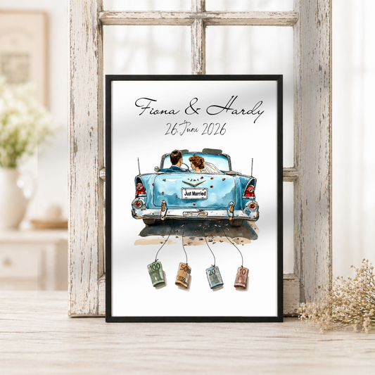 Personalisiertes Geldgeschenk Hochzeit mit Brautpaar im blauen Vintage Cabrio Just Married Poster zum Ausdrucken mit Namen und Datum als DIN A4 Printable