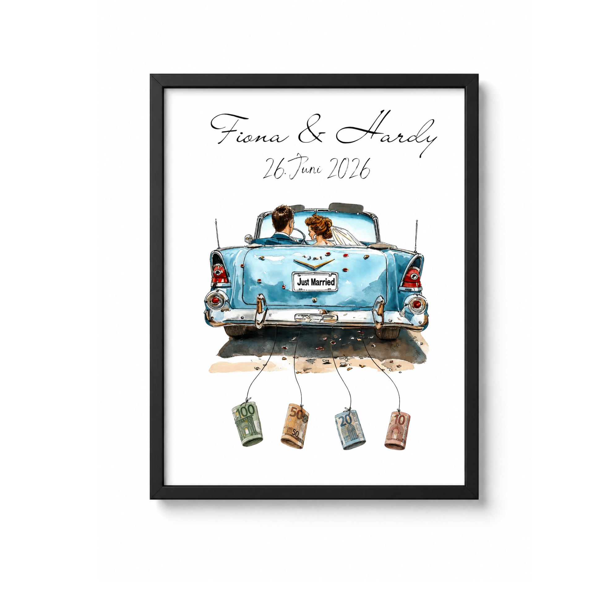 Personalisiertes Geldgeschenk Hochzeit mit Brautpaar im blauen Vintage Cabrio Just Married Poster zum Ausdrucken mit Namen und Datum als DIN A4 Printable