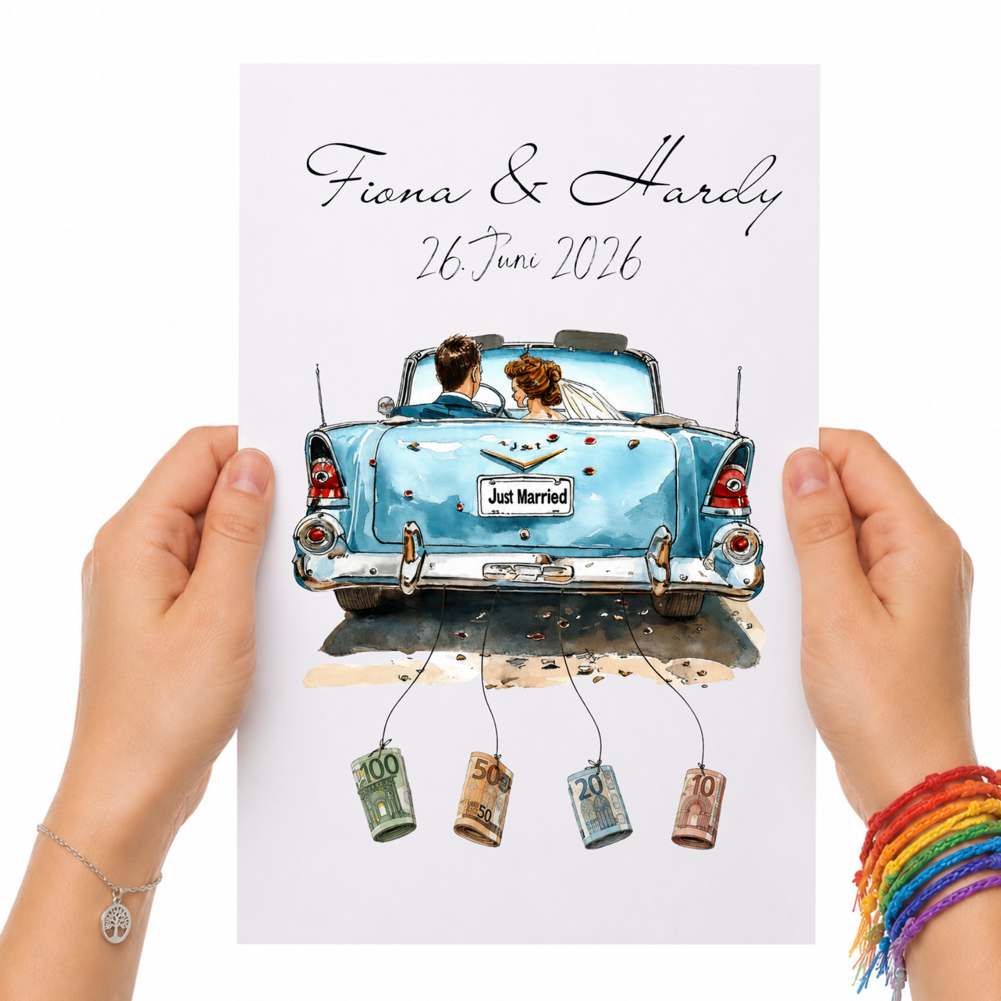 Personalisiertes Geldgeschenk Hochzeit mit Brautpaar im blauen Vintage Cabrio Just Married Poster zum Ausdrucken mit Namen und Datum als DIN A4 Printable