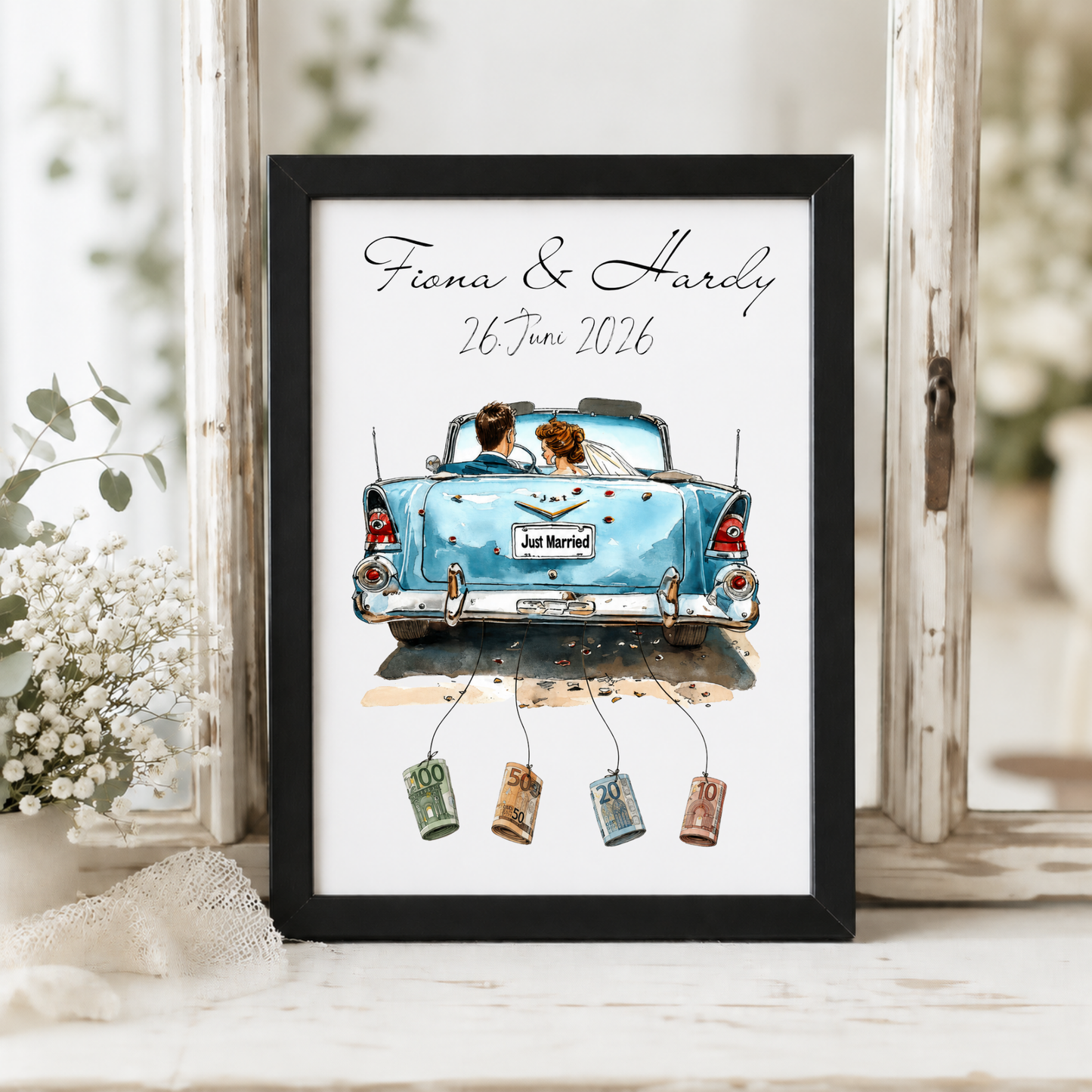 Personalisiertes Geldgeschenk Hochzeit mit Brautpaar im blauen Vintage Cabrio Just Married Poster zum Ausdrucken mit Namen und Datum als DIN A4 Printable