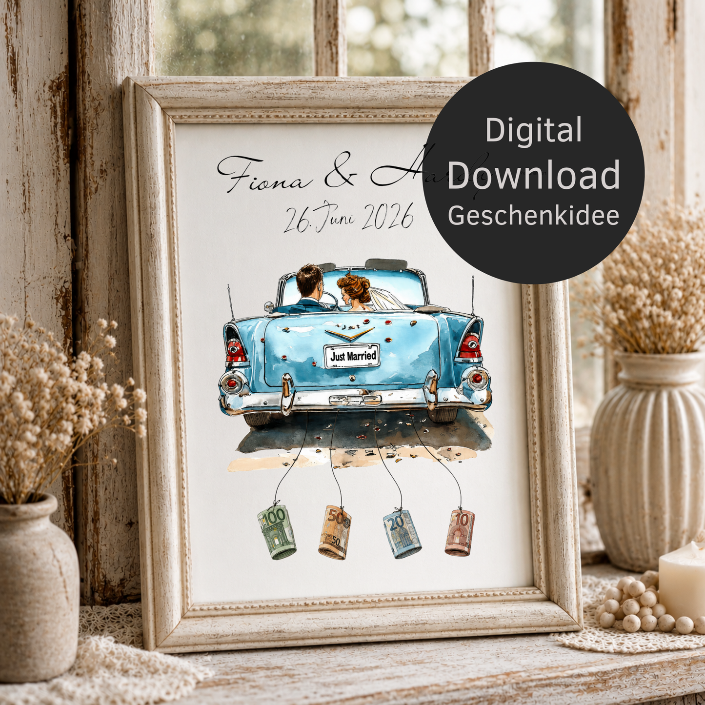 Personalisiertes Geldgeschenk Hochzeit mit Brautpaar im blauen Vintage Cabrio Just Married Poster zum Ausdrucken mit Namen und Datum als DIN A4 Printable