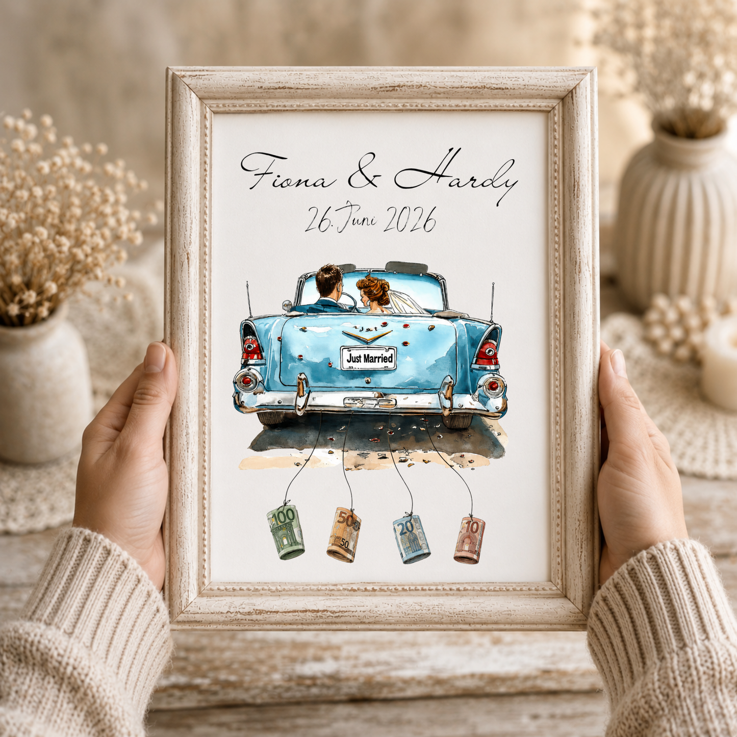 Personalisiertes Geldgeschenk Hochzeit mit Brautpaar im blauen Vintage Cabrio Just Married Poster zum Ausdrucken mit Namen und Datum als DIN A4 Printable