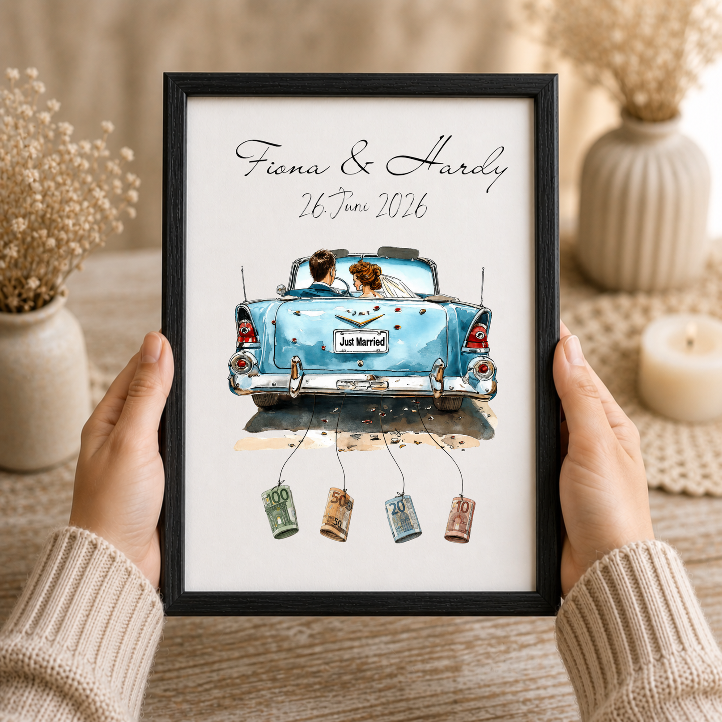 Personalisiertes Geldgeschenk Hochzeit mit Brautpaar im blauen Vintage Cabrio Just Married Poster zum Ausdrucken mit Namen und Datum als DIN A4 Printable