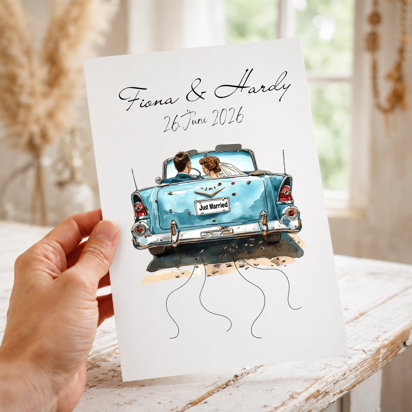 Personalisiertes Geldgeschenk Hochzeit mit Brautpaar im blauen Vintage Cabrio Just Married Poster zum Ausdrucken mit Namen und Datum als DIN A4 Printable