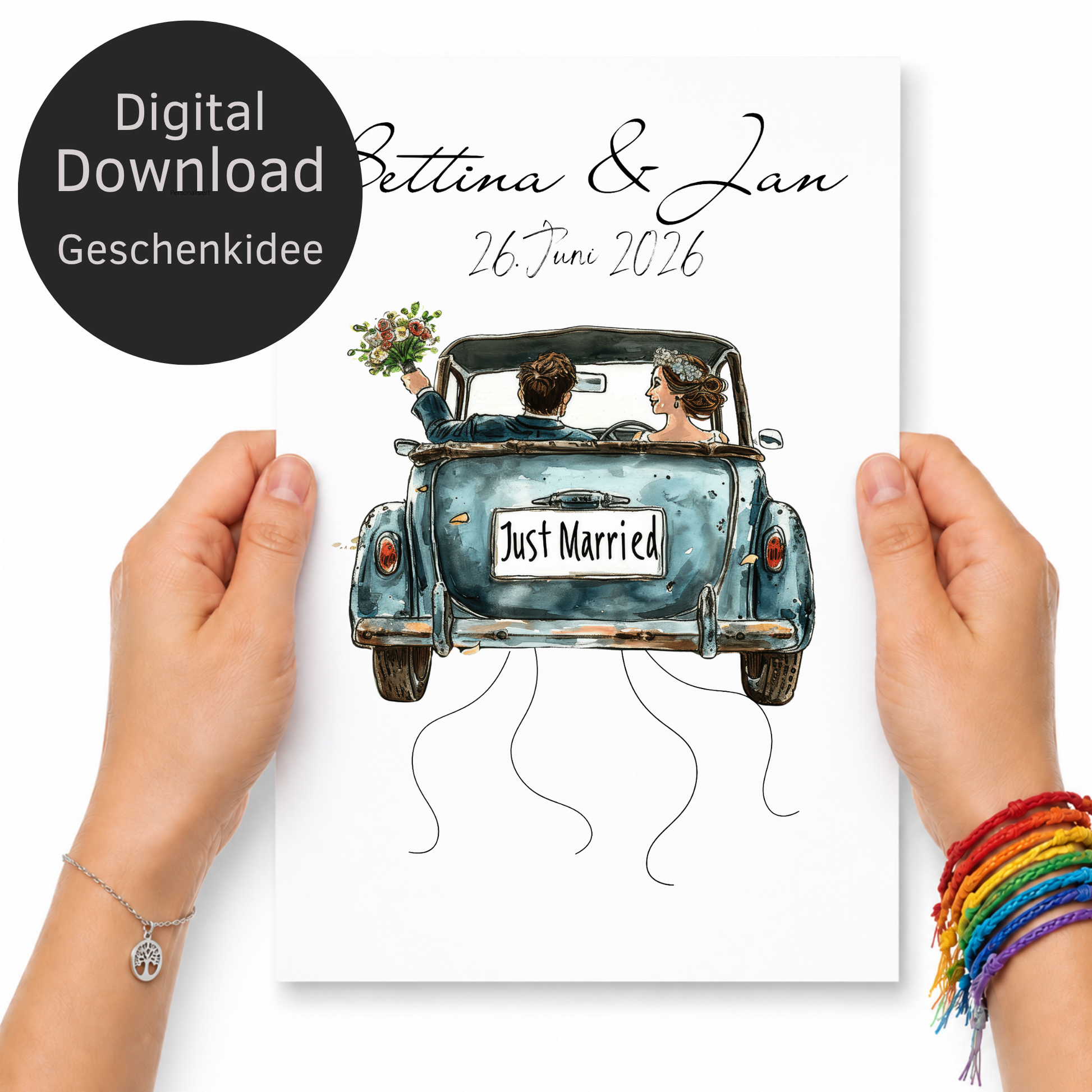 Personalisiertes Hochzeit Geldgeschenk Poster mit Brautpaar im Vintage Cabrio Oldtimer, Just Married Schild, Namen und Datum als DIN A4 Digital Download zum Ausdrucken und Einrahmen.