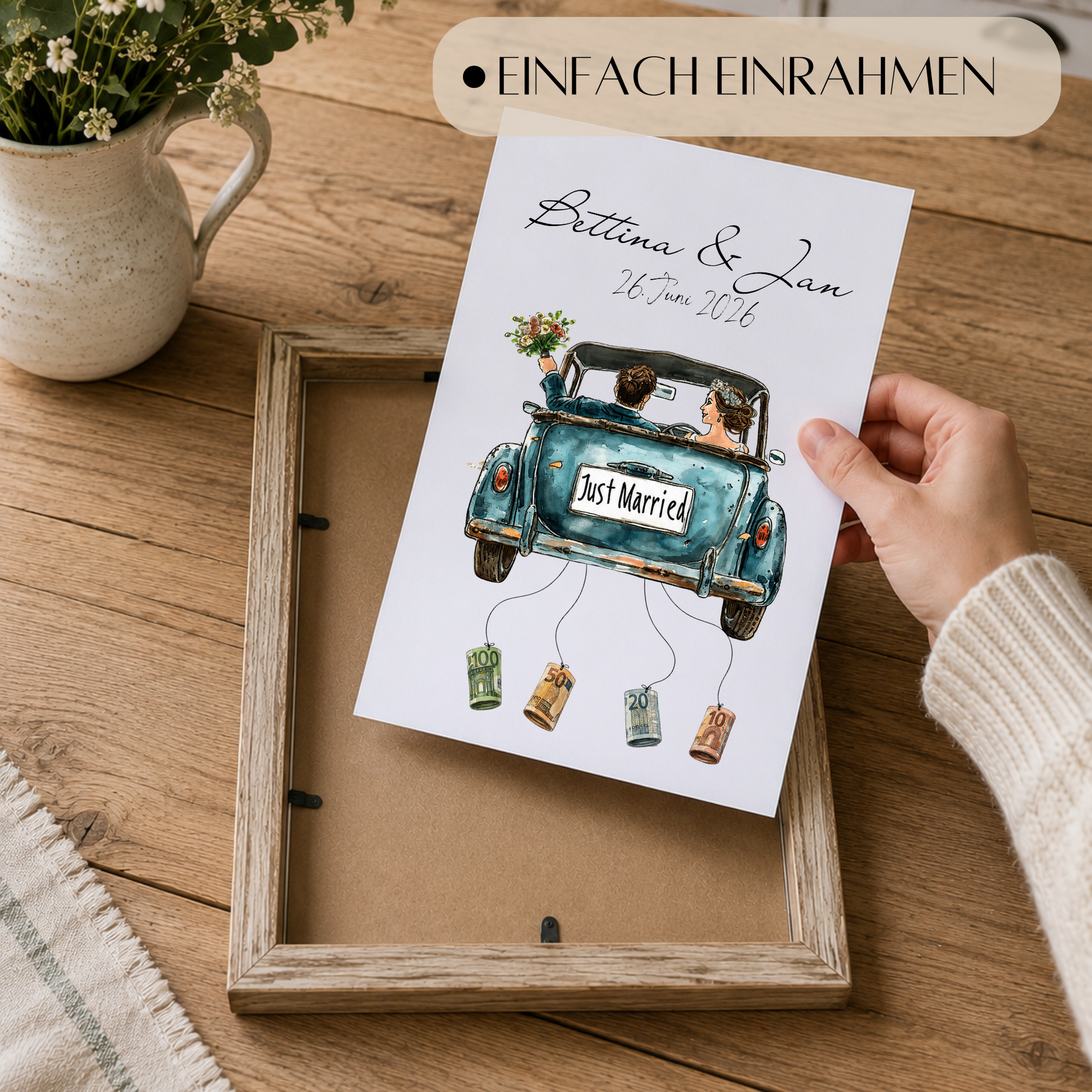 Personalisiertes Hochzeit Geldgeschenk Poster mit Brautpaar im Vintage Cabrio Oldtimer, Just Married Schild, Namen und Datum als DIN A4 Digital Download zum Ausdrucken und Einrahmen.