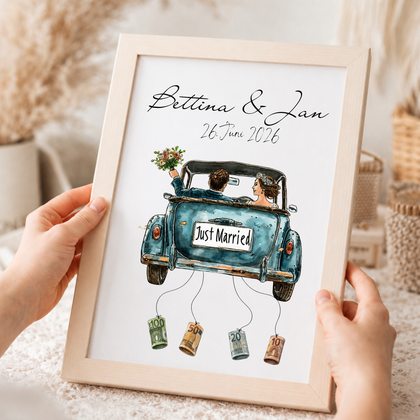 Personalisiertes Hochzeit Geldgeschenk Poster mit Brautpaar im Vintage Cabrio Oldtimer, Just Married Schild, Namen und Datum als DIN A4 Digital Download zum Ausdrucken und Einrahmen.