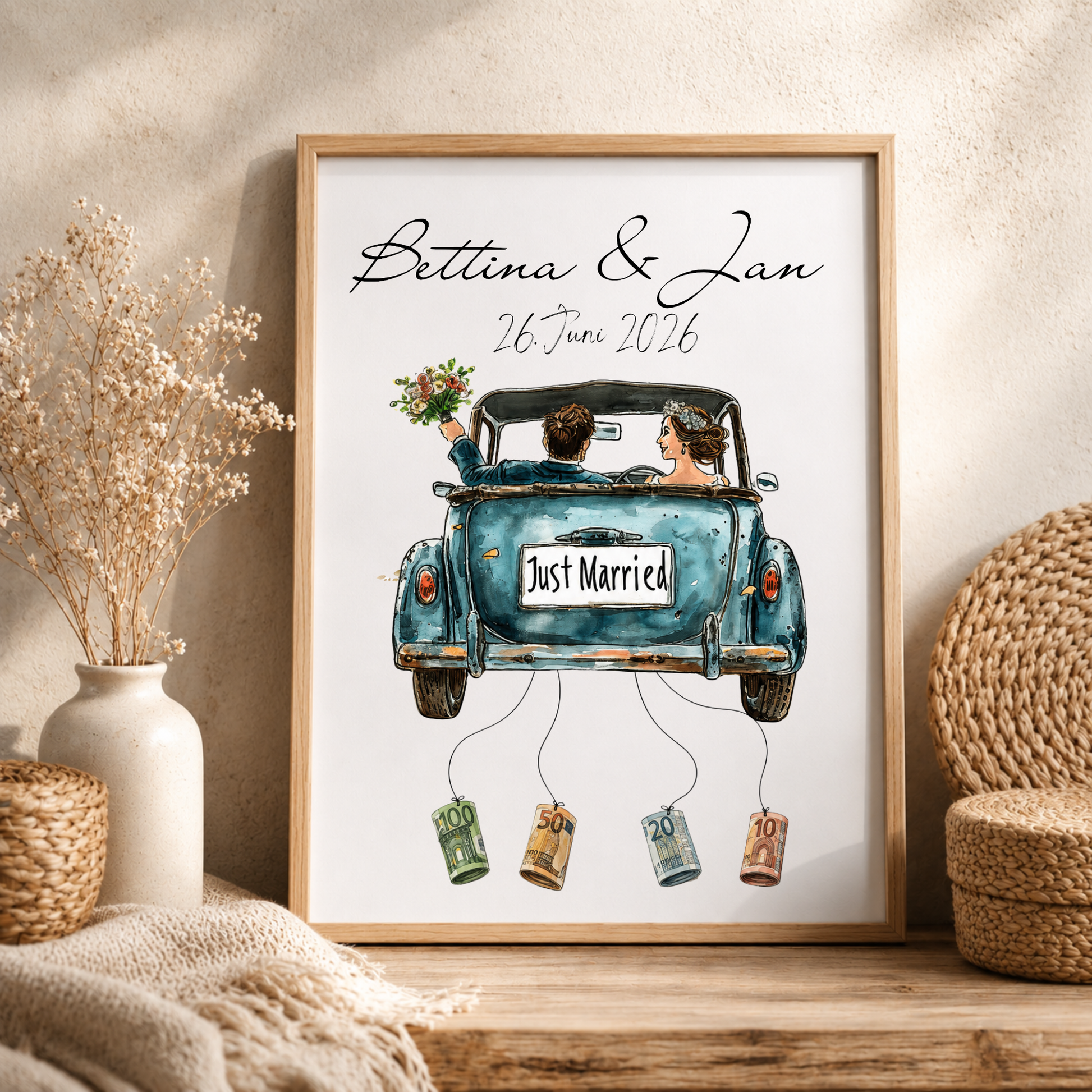 Personalisiertes Hochzeit Geldgeschenk Poster mit Brautpaar im Vintage Cabrio Oldtimer, Just Married Schild, Namen und Datum als DIN A4 Digital Download zum Ausdrucken und Einrahmen.