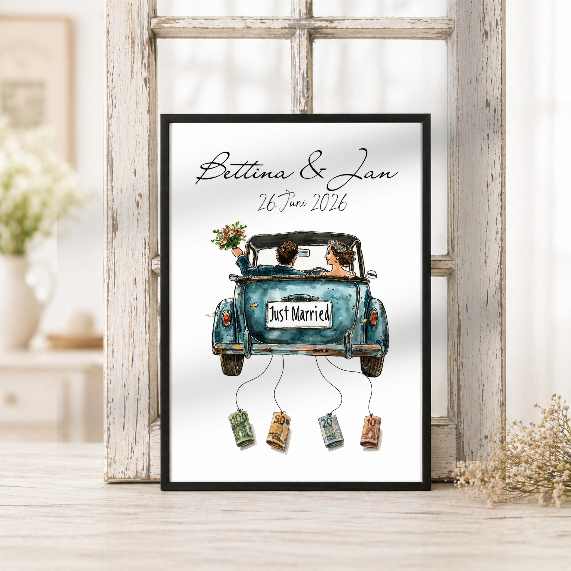 Personalisiertes Hochzeit Geldgeschenk Poster mit Brautpaar im Vintage Cabrio Oldtimer, Just Married Schild, Namen und Datum als DIN A4 Digital Download zum Ausdrucken und Einrahmen.