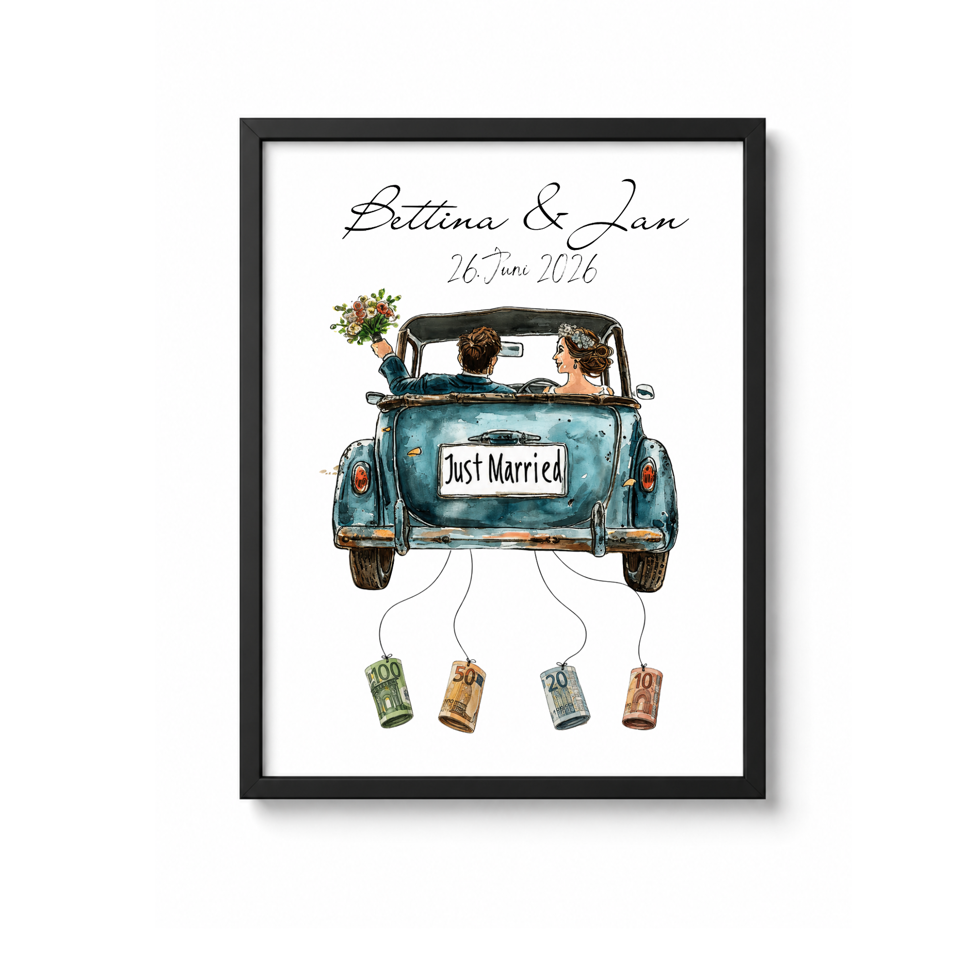 Personalisiertes Hochzeit Geldgeschenk Poster mit Brautpaar im Vintage Cabrio Oldtimer, Just Married Schild, Namen und Datum als DIN A4 Digital Download zum Ausdrucken und Einrahmen.