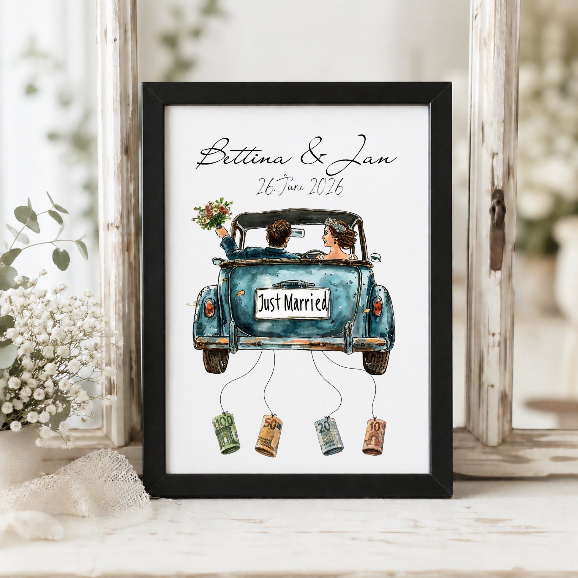 Personalisiertes Hochzeit Geldgeschenk Poster mit Brautpaar im Vintage Cabrio Oldtimer, Just Married Schild, Namen und Datum als DIN A4 Digital Download zum Ausdrucken und Einrahmen.