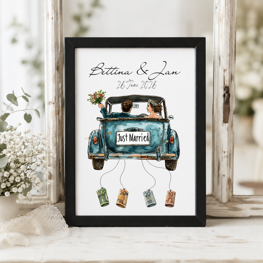 Personalisiertes Hochzeit Geldgeschenk Poster mit Brautpaar im Vintage Cabrio Oldtimer, Just Married Schild, Namen und Datum als DIN A4 Digital Download zum Ausdrucken und Einrahmen.