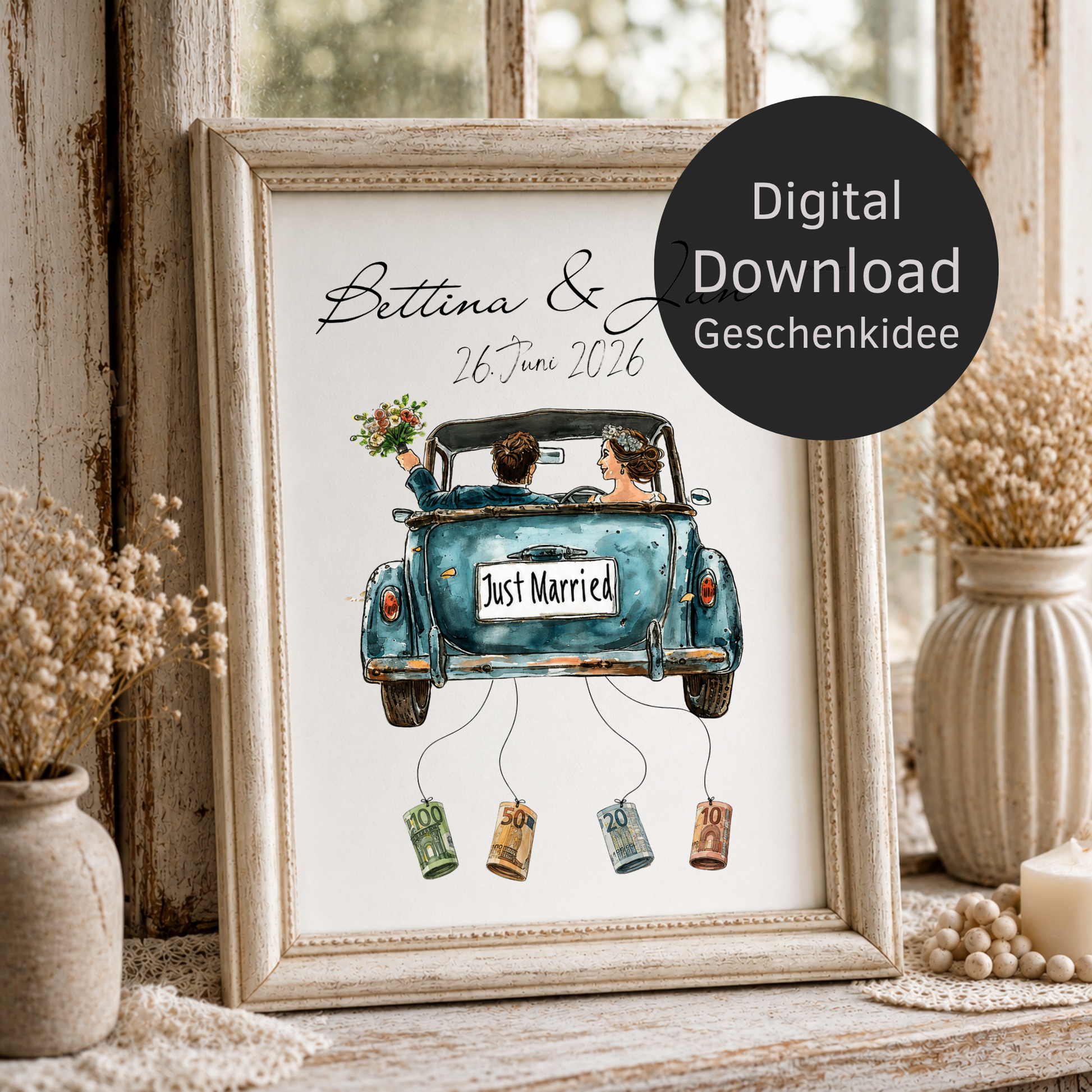 Personalisiertes Hochzeit Geldgeschenk Poster mit Brautpaar im Vintage Cabrio Oldtimer, Just Married Schild, Namen und Datum als DIN A4 Digital Download zum Ausdrucken und Einrahmen.