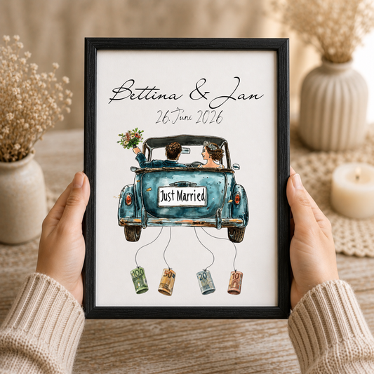 Personalisiertes Hochzeit Geldgeschenk Poster mit Brautpaar im Vintage Cabrio Oldtimer, Just Married Schild, Namen und Datum als DIN A4 Digital Download zum Ausdrucken und Einrahmen.