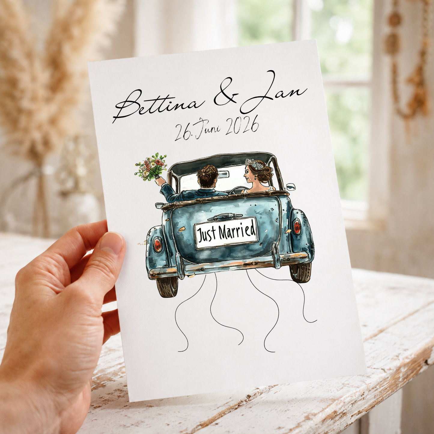 Personalisiertes Hochzeit Geldgeschenk Poster mit Brautpaar im Vintage Cabrio Oldtimer, Just Married Schild, Namen und Datum als DIN A4 Digital Download zum Ausdrucken und Einrahmen.