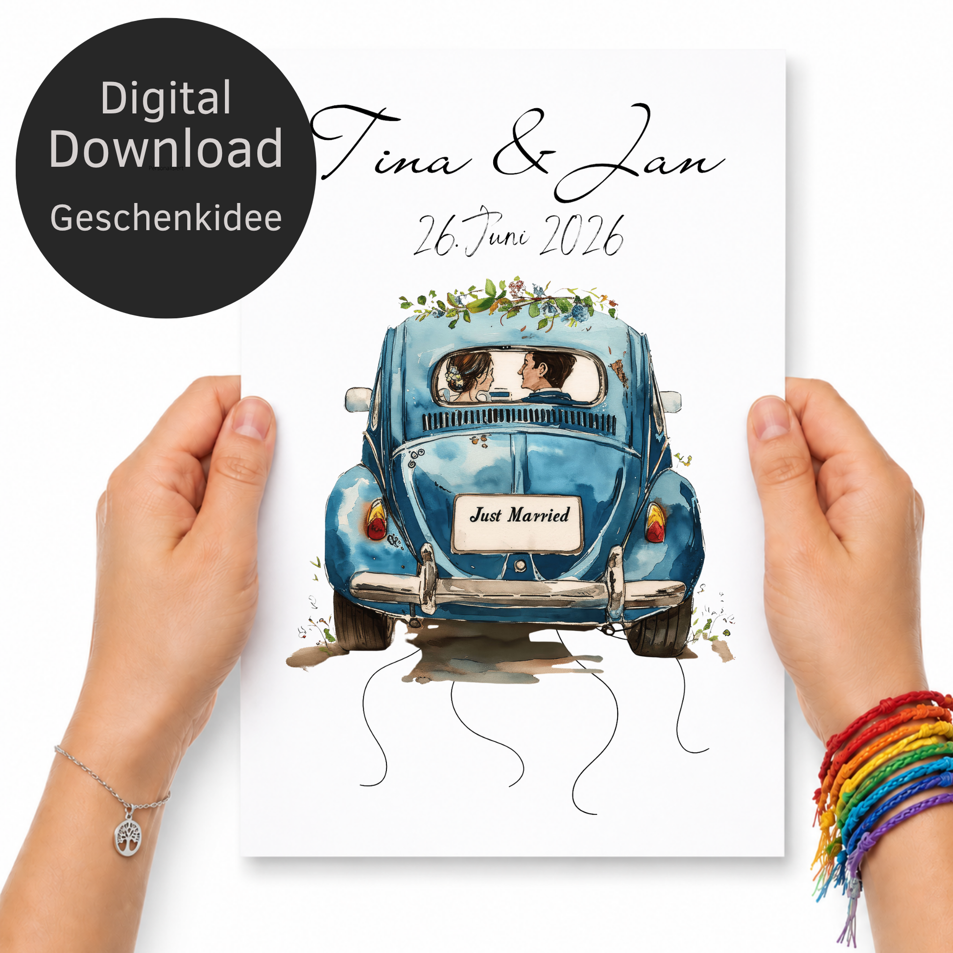Personalisiertes Hochzeitsposter als Geldgeschenk mit blauem VW Käfer Oldtimer, Brautpaar, Namen und Hochzeitsdatum zum Ausdrucken im DIN A4 Format.