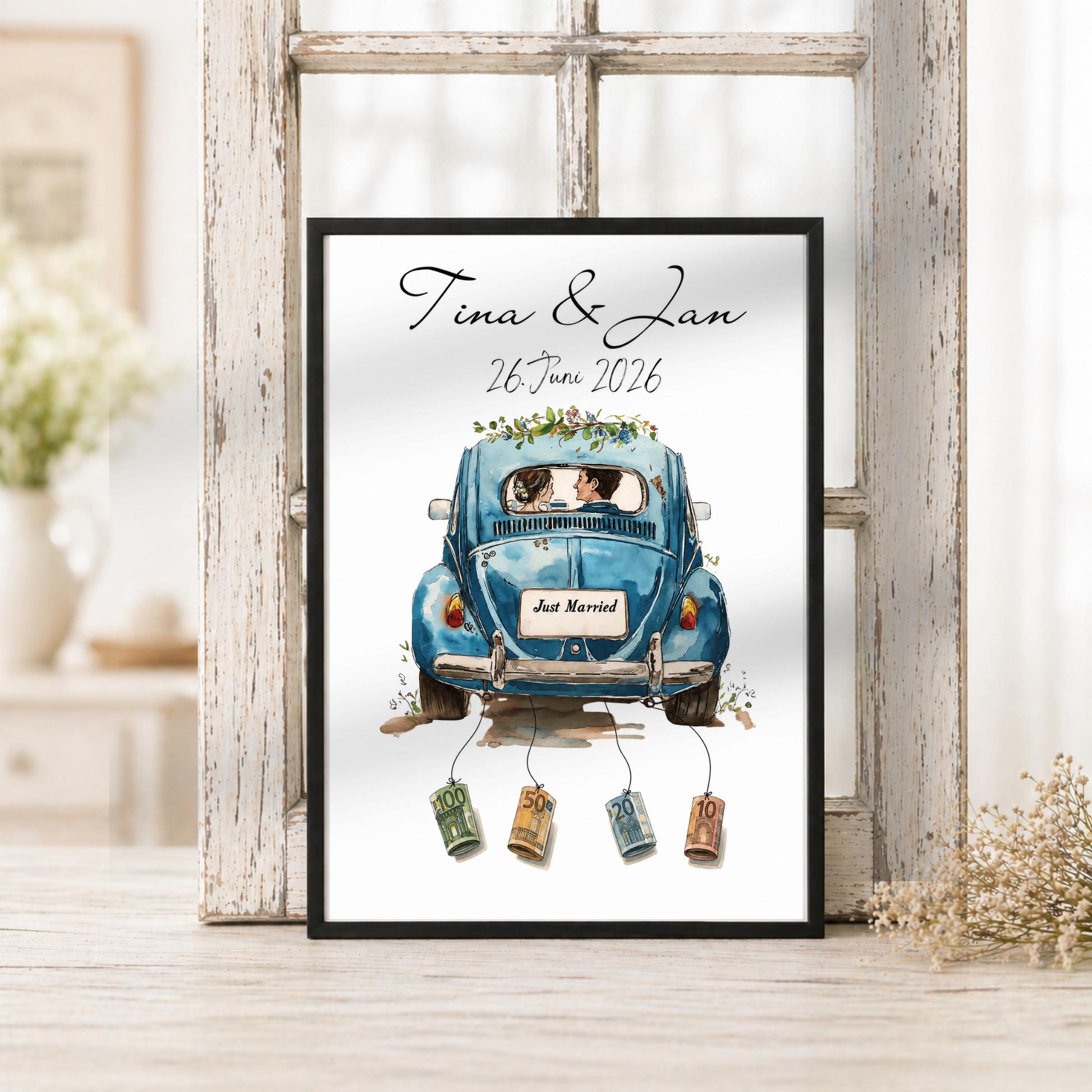 Personalisiertes Hochzeitsposter als Geldgeschenk mit blauem VW Käfer Oldtimer, Brautpaar, Namen und Hochzeitsdatum zum Ausdrucken im DIN A4 Format.