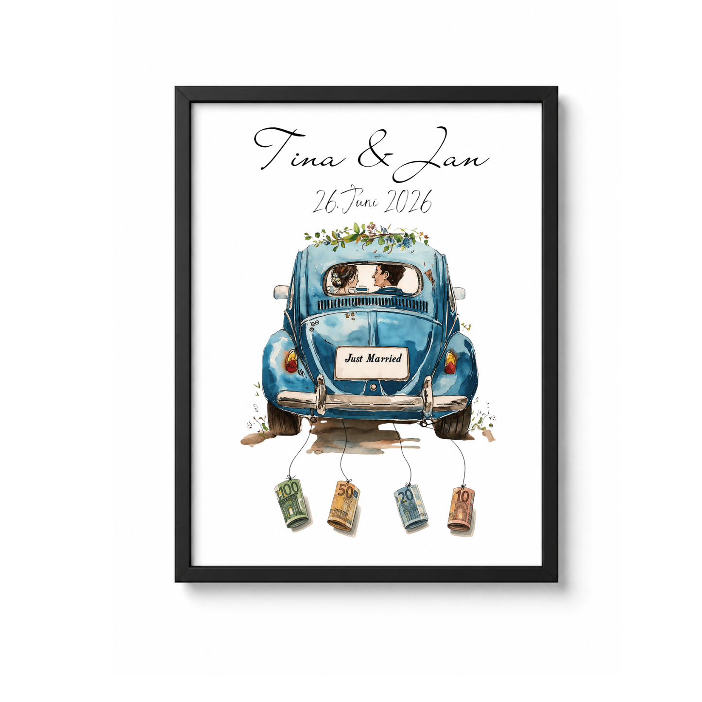 Personalisiertes Hochzeitsposter als Geldgeschenk mit blauem VW Käfer Oldtimer, Brautpaar, Namen und Hochzeitsdatum zum Ausdrucken im DIN A4 Format.