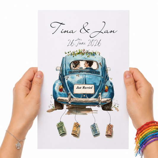 Personalisiertes Hochzeitsposter als Geldgeschenk mit blauem VW Käfer Oldtimer, Brautpaar, Namen und Hochzeitsdatum zum Ausdrucken im DIN A4 Format.