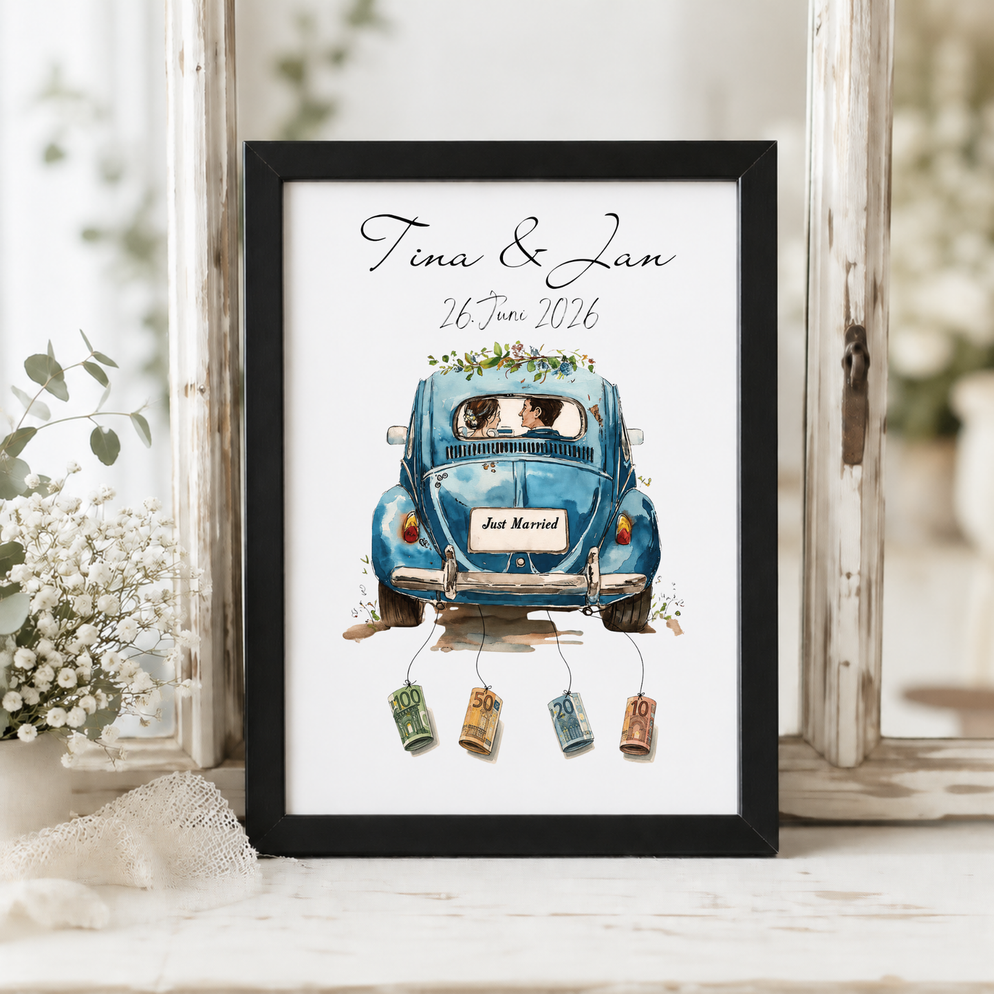 Personalisiertes Hochzeitsposter als Geldgeschenk mit blauem VW Käfer Oldtimer, Brautpaar, Namen und Hochzeitsdatum zum Ausdrucken im DIN A4 Format.