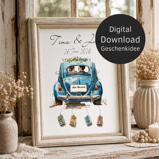 Personalisiertes Hochzeitsposter als Geldgeschenk mit blauem VW Käfer Oldtimer, Brautpaar, Namen und Hochzeitsdatum zum Ausdrucken im DIN A4 Format.