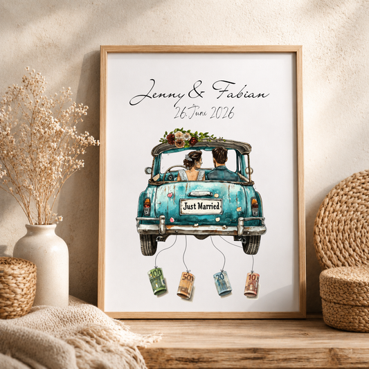 Personalisiertes Hochzeits-Geldgeschenk als Digital Download mit Brautpaar im Vintage Auto, Namen und Datum, Geldscheine hängen an Bändern unter dem Just Married Oldtimer Poster.