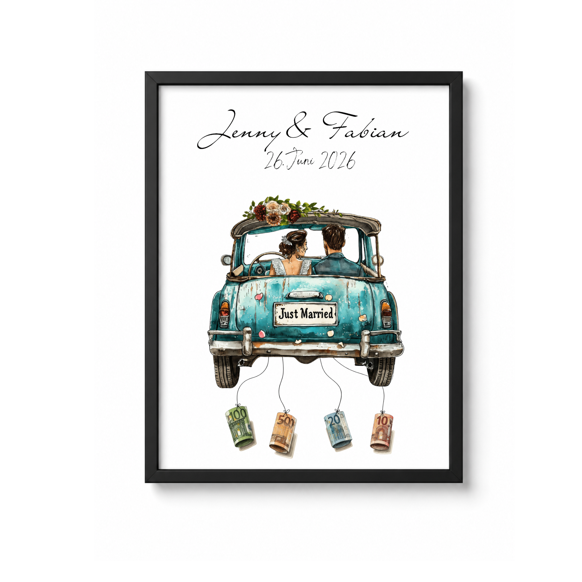 Personalisiertes Hochzeits-Geldgeschenk als Digital Download mit Brautpaar im Vintage Auto, Namen und Datum, Geldscheine hängen an Bändern unter dem Just Married Oldtimer Poster.