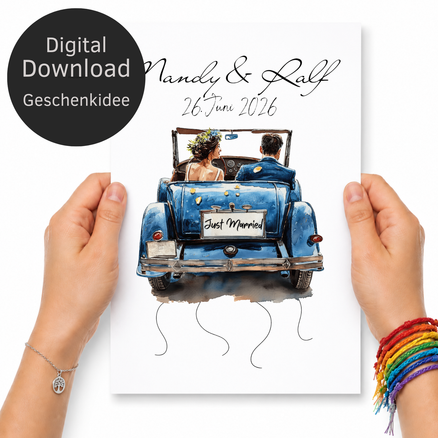 Personalisiertes Geldgeschenk zur Hochzeit mit Brautpaar im blauen Vintage Cabrio, Namen und Datum, Printable Poster DIN A4 zum Ausdrucken und Einrahmen