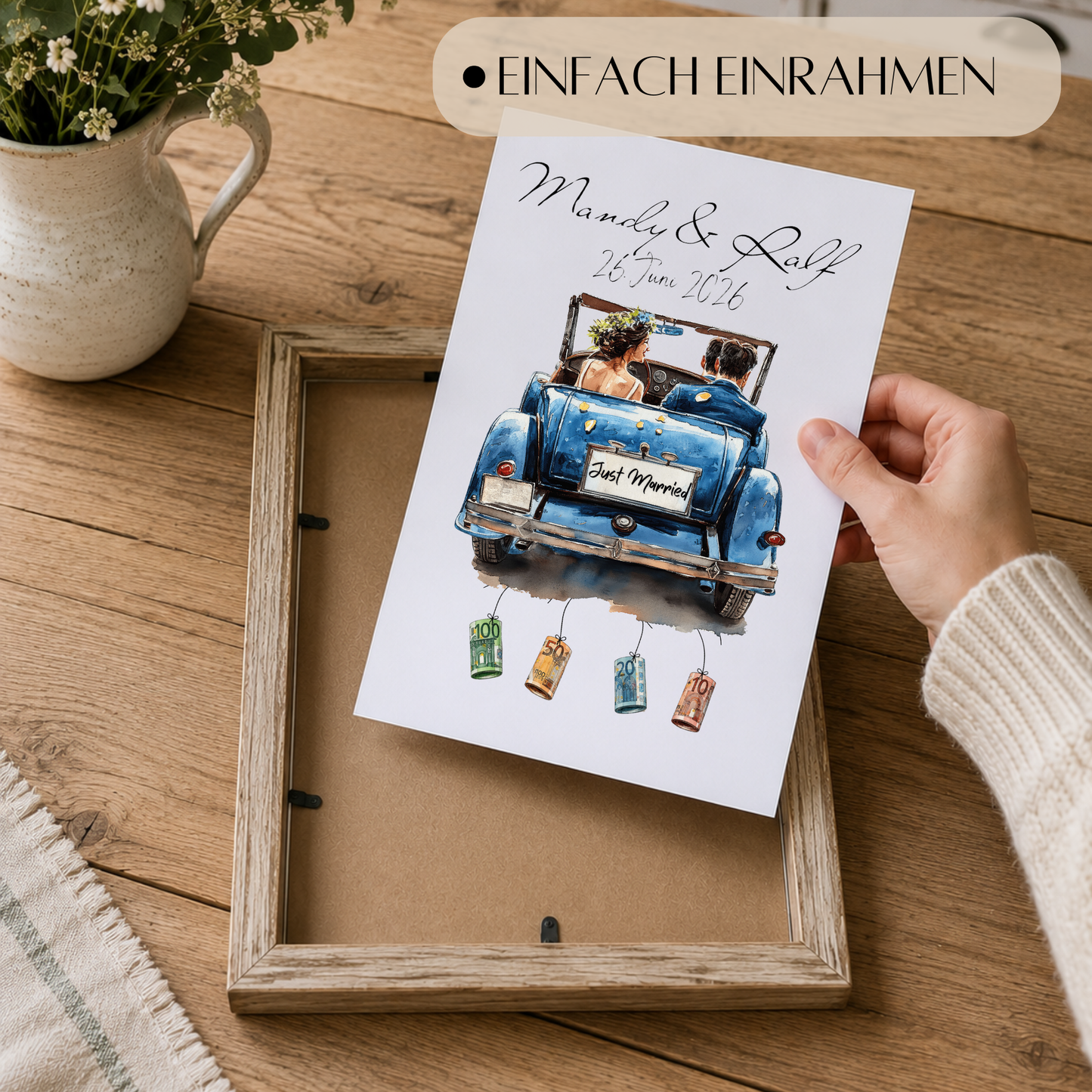 Personalisiertes Geldgeschenk zur Hochzeit mit Brautpaar im blauen Vintage Cabrio, Namen und Datum, Printable Poster DIN A4 zum Ausdrucken und Einrahmen