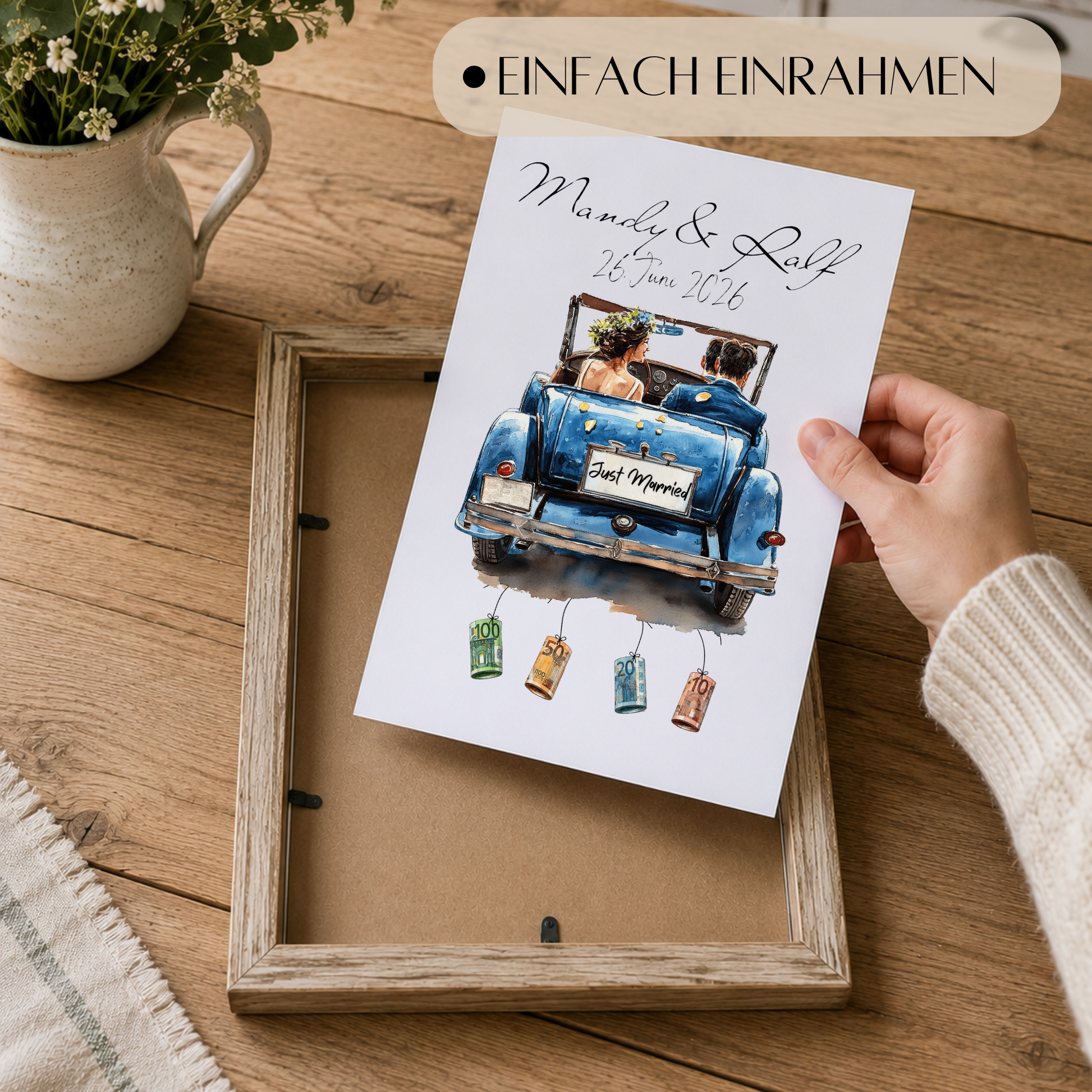 Personalisiertes Geldgeschenk zur Hochzeit mit Brautpaar im blauen Vintage Cabrio, Namen und Datum, Printable Poster DIN A4 zum Ausdrucken und Einrahmen