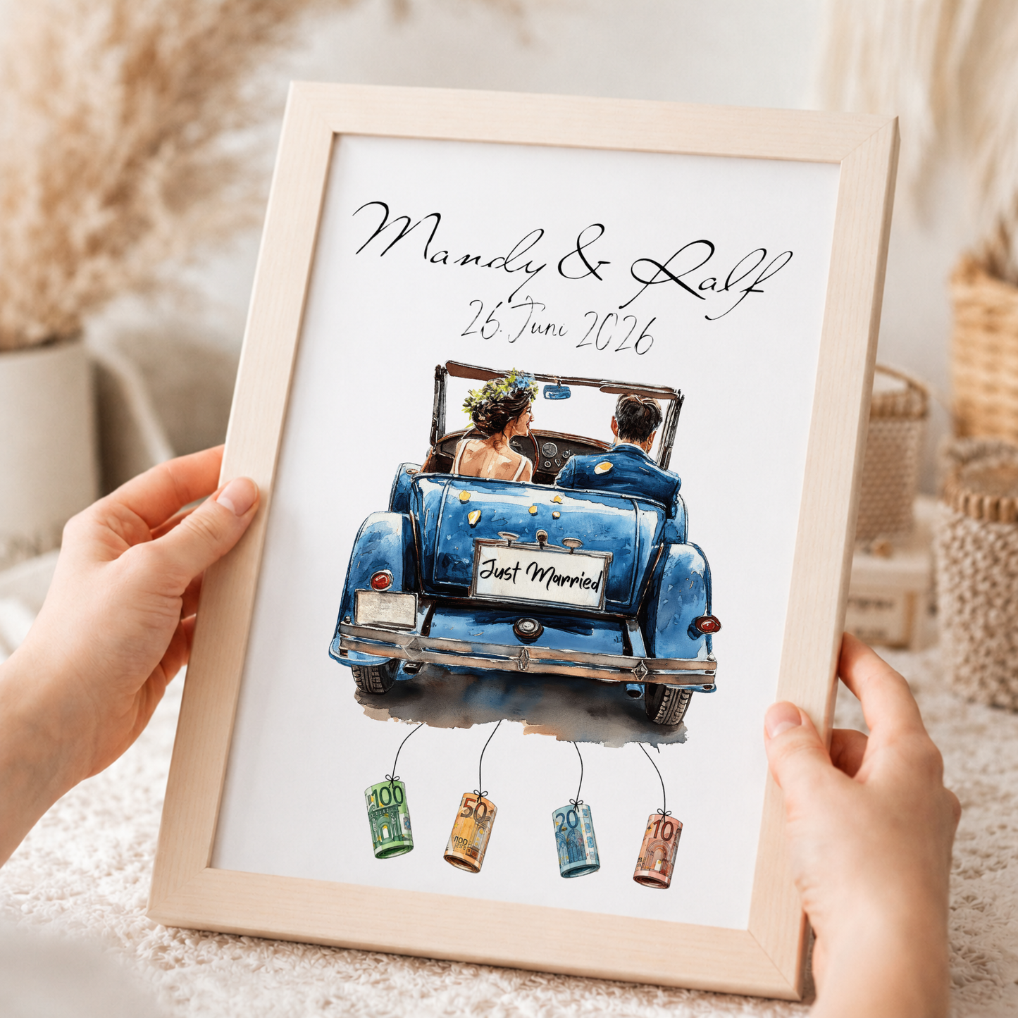 Personalisiertes Geldgeschenk zur Hochzeit mit Brautpaar im blauen Vintage Cabrio, Namen und Datum, Printable Poster DIN A4 zum Ausdrucken und Einrahmen