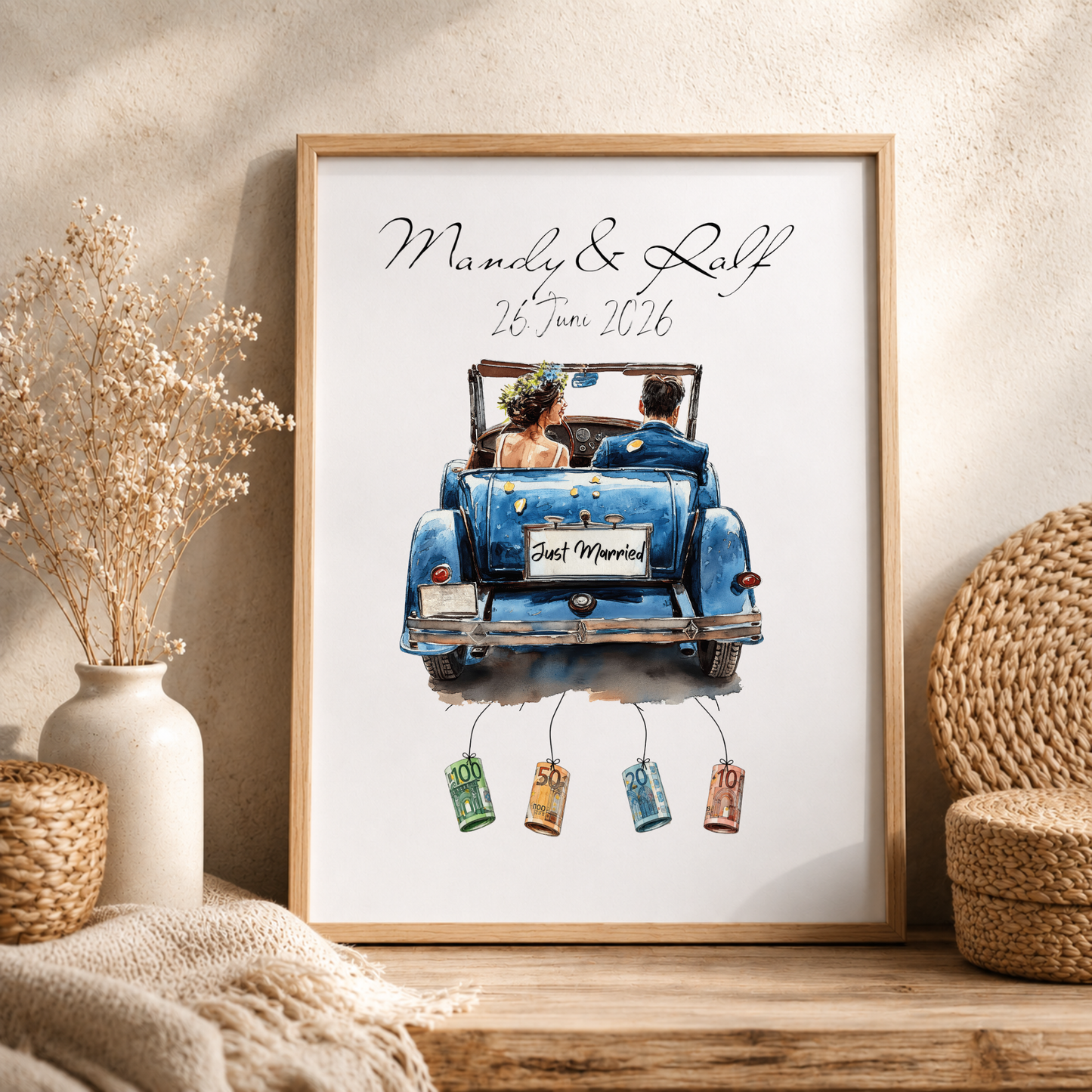 Personalisiertes Geldgeschenk zur Hochzeit mit Brautpaar im blauen Vintage Cabrio, Namen und Datum, Printable Poster DIN A4 zum Ausdrucken und Einrahmen