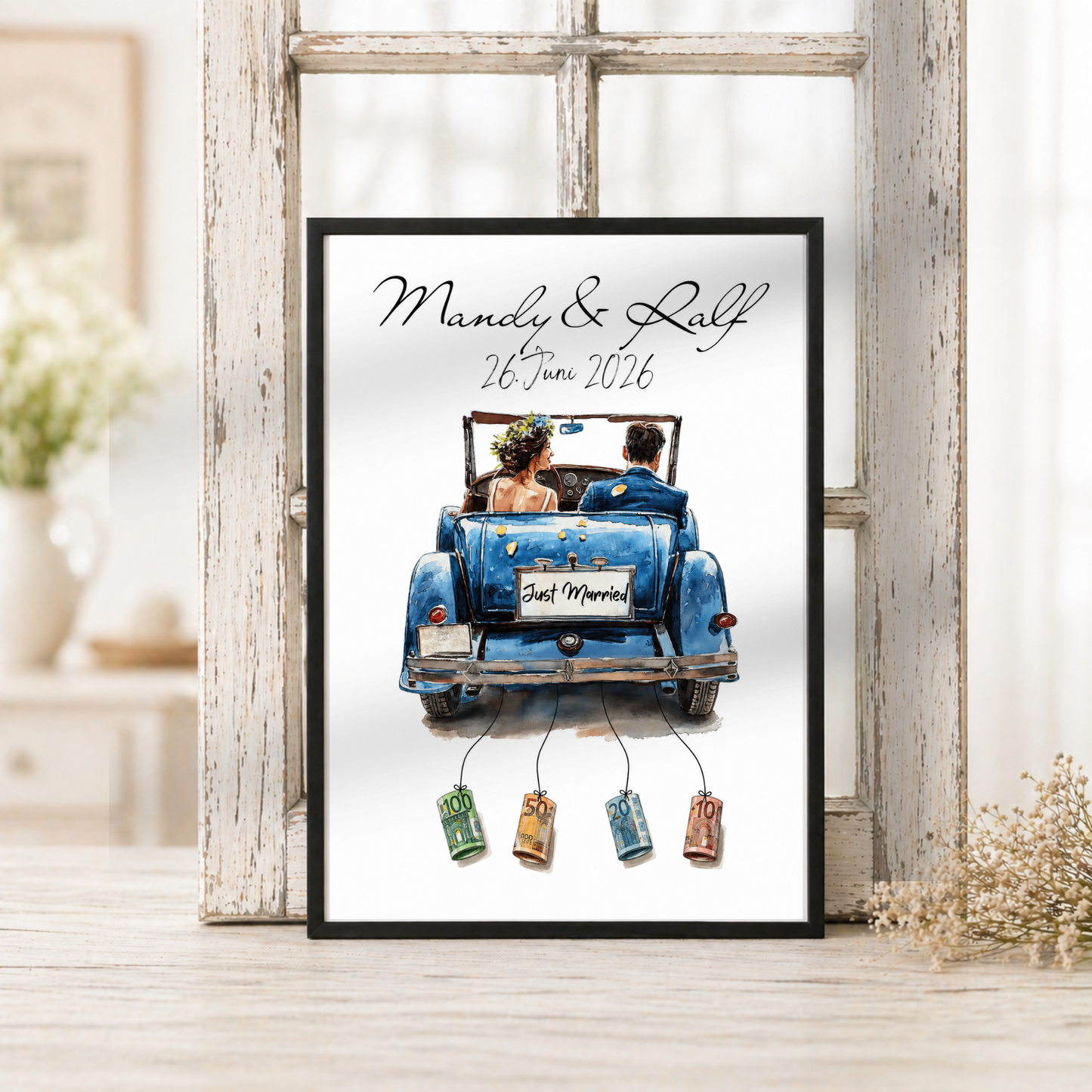 Personalisiertes Geldgeschenk zur Hochzeit mit Brautpaar im blauen Vintage Cabrio, Namen und Datum, Printable Poster DIN A4 zum Ausdrucken und Einrahmen