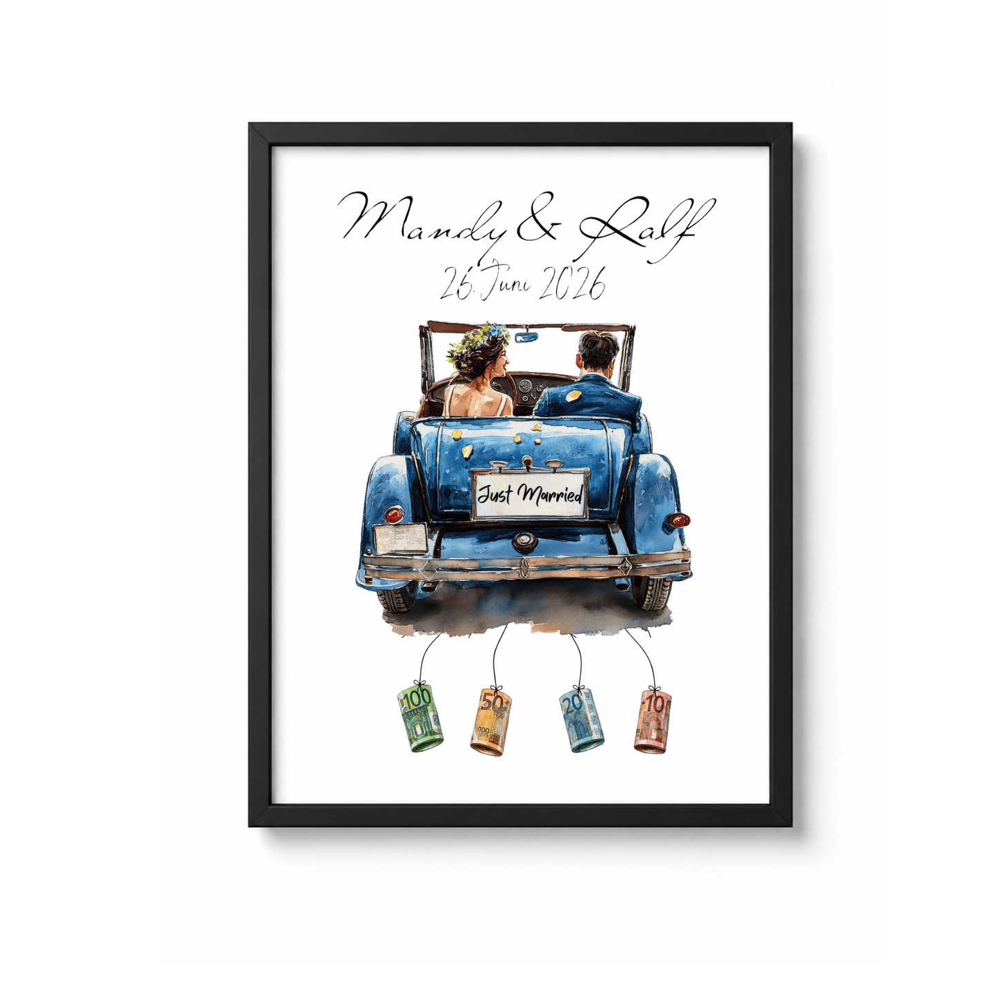 Personalisiertes Geldgeschenk zur Hochzeit mit Brautpaar im blauen Vintage Cabrio, Namen und Datum, Printable Poster DIN A4 zum Ausdrucken und Einrahmen