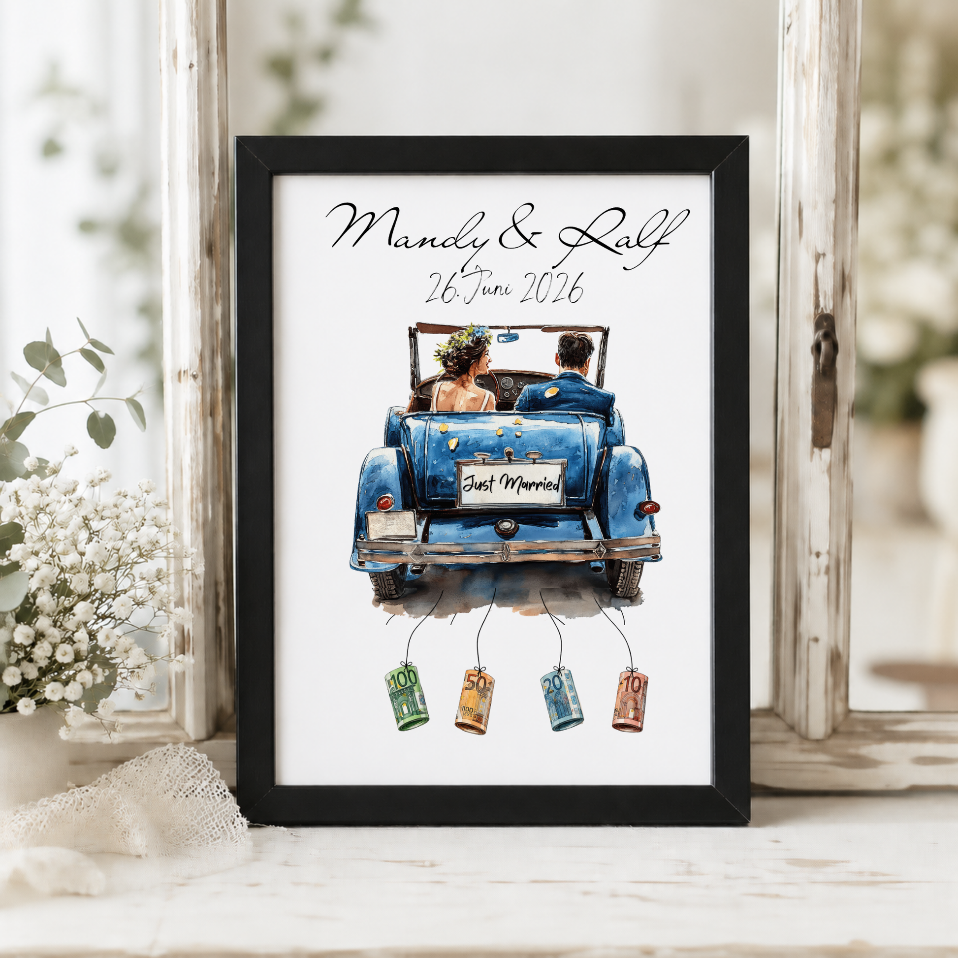 Personalisiertes Geldgeschenk zur Hochzeit mit Brautpaar im blauen Vintage Cabrio, Namen und Datum, Printable Poster DIN A4 zum Ausdrucken und Einrahmen