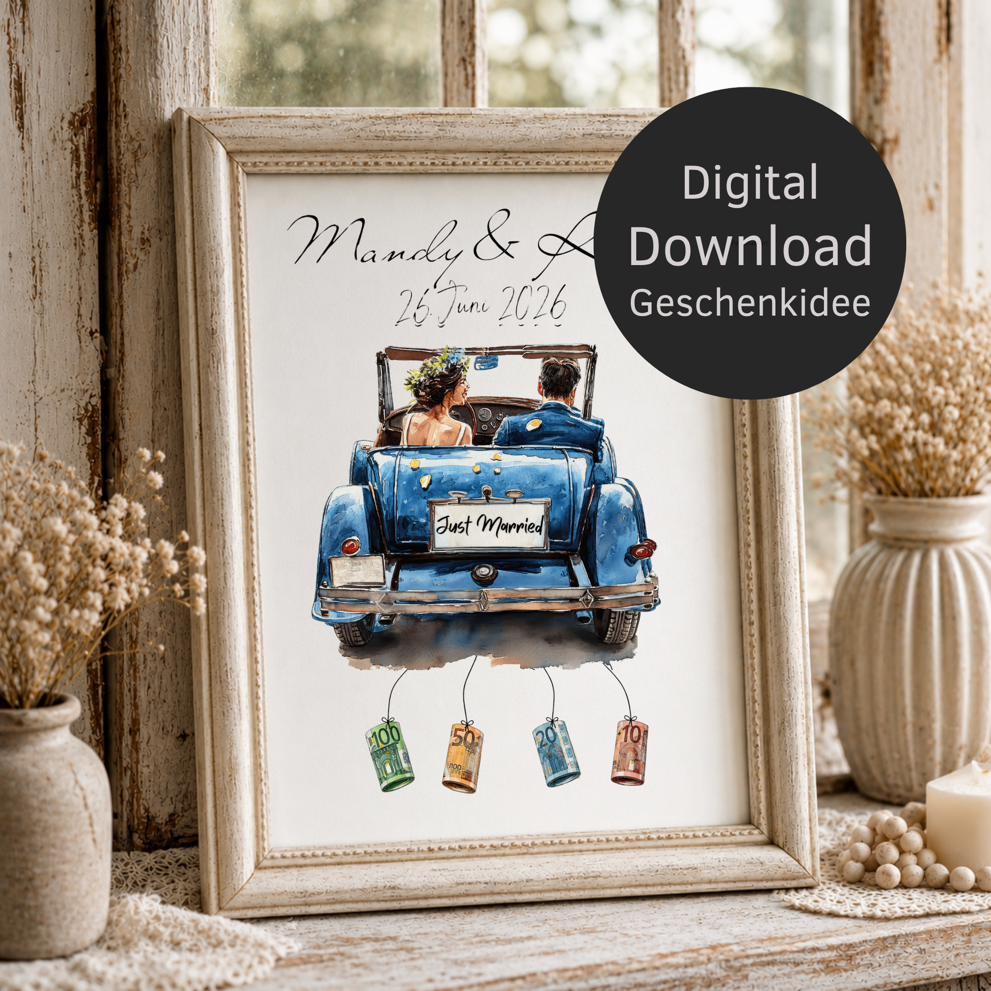 Personalisiertes Geldgeschenk zur Hochzeit mit Brautpaar im blauen Vintage Cabrio, Namen und Datum, Printable Poster DIN A4 zum Ausdrucken und Einrahmen