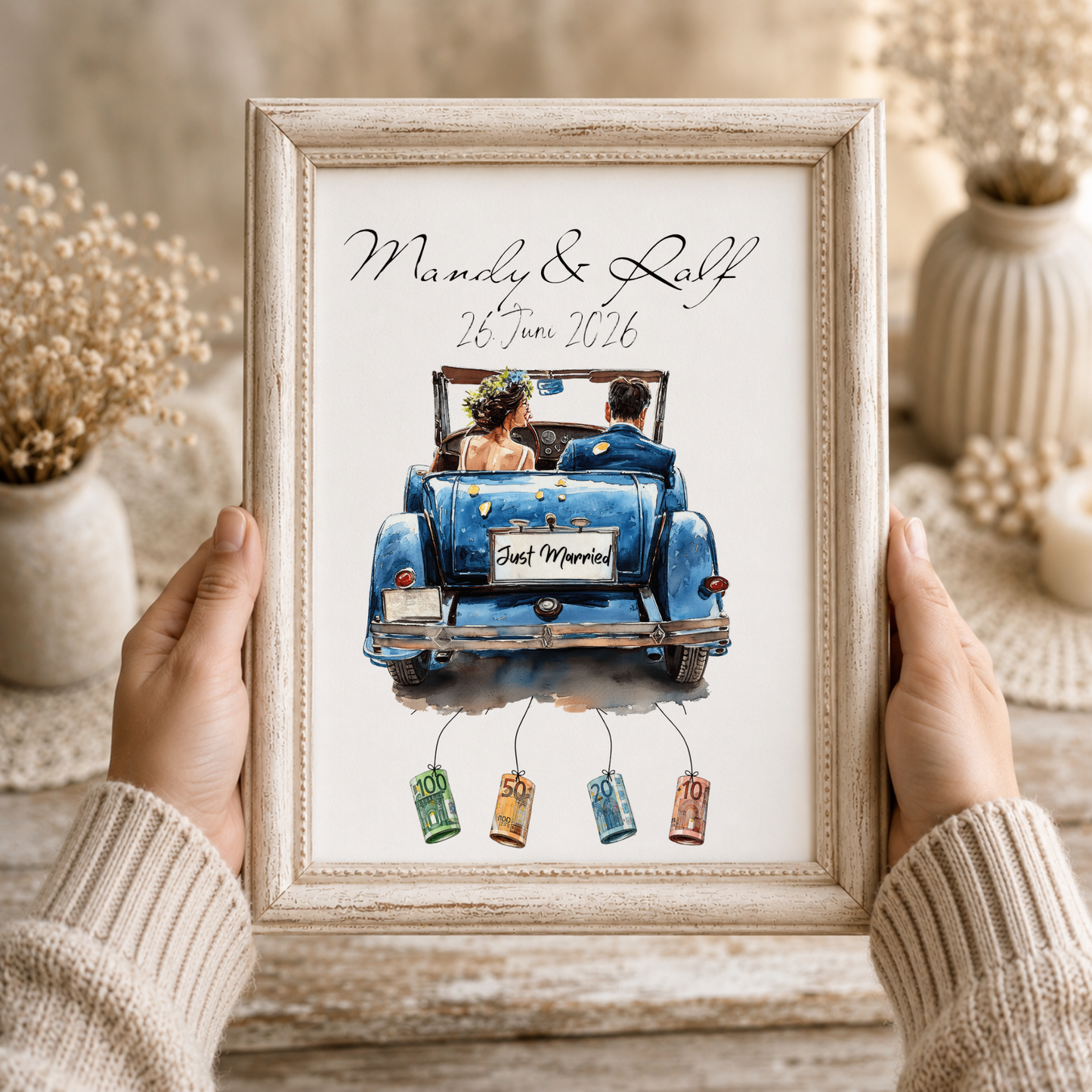 Personalisiertes Geldgeschenk zur Hochzeit mit Brautpaar im blauen Vintage Cabrio, Namen und Datum, Printable Poster DIN A4 zum Ausdrucken und Einrahmen