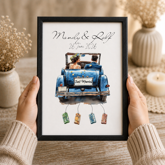 Personalisiertes Geldgeschenk zur Hochzeit mit Brautpaar im blauen Vintage Cabrio, Namen und Datum, Printable Poster DIN A4 zum Ausdrucken und Einrahmen