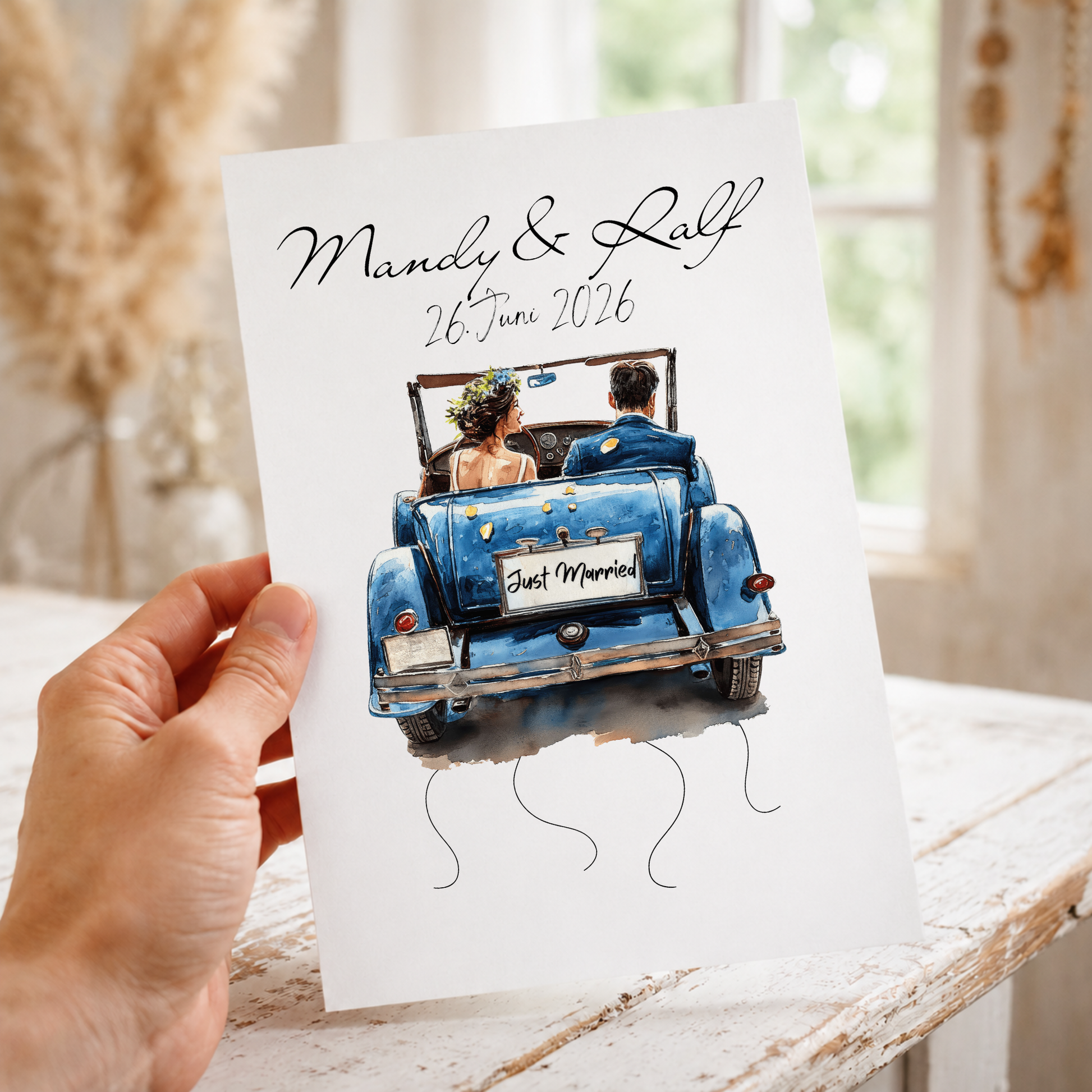 Personalisiertes Geldgeschenk zur Hochzeit mit Brautpaar im blauen Vintage Cabrio, Namen und Datum, Printable Poster DIN A4 zum Ausdrucken und Einrahmen