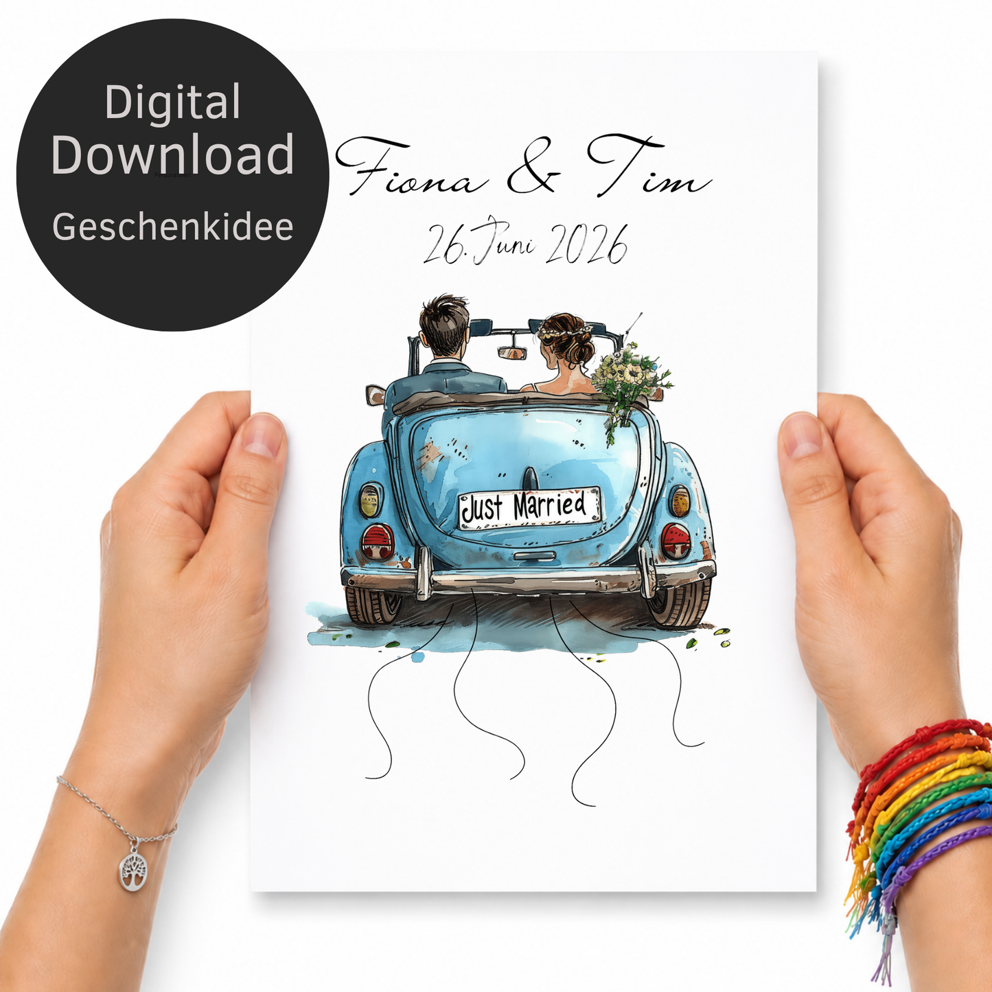 Personalisiertes Geldgeschenk zur Hochzeit mit Brautpaar im blauen Oldtimer Cabrio, Namen und Datum, Printable Poster DIN A4 zum Ausdrucken und Einrahmen.
