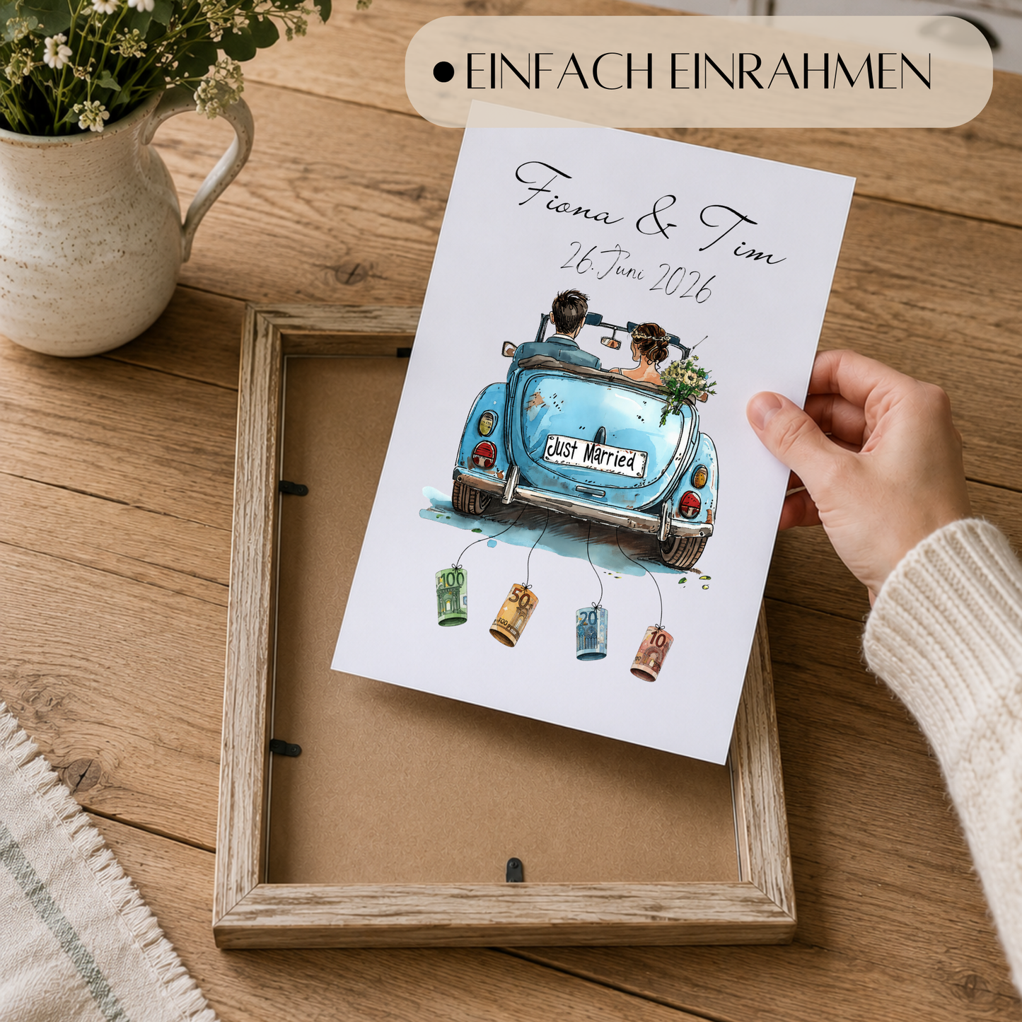 Personalisiertes Geldgeschenk zur Hochzeit mit Brautpaar im blauen Oldtimer Cabrio, Namen und Datum, Printable Poster DIN A4 zum Ausdrucken und Einrahmen.