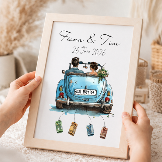 Personalisiertes Geldgeschenk zur Hochzeit mit Brautpaar im blauen Oldtimer Cabrio, Namen und Datum, Printable Poster DIN A4 zum Ausdrucken und Einrahmen.