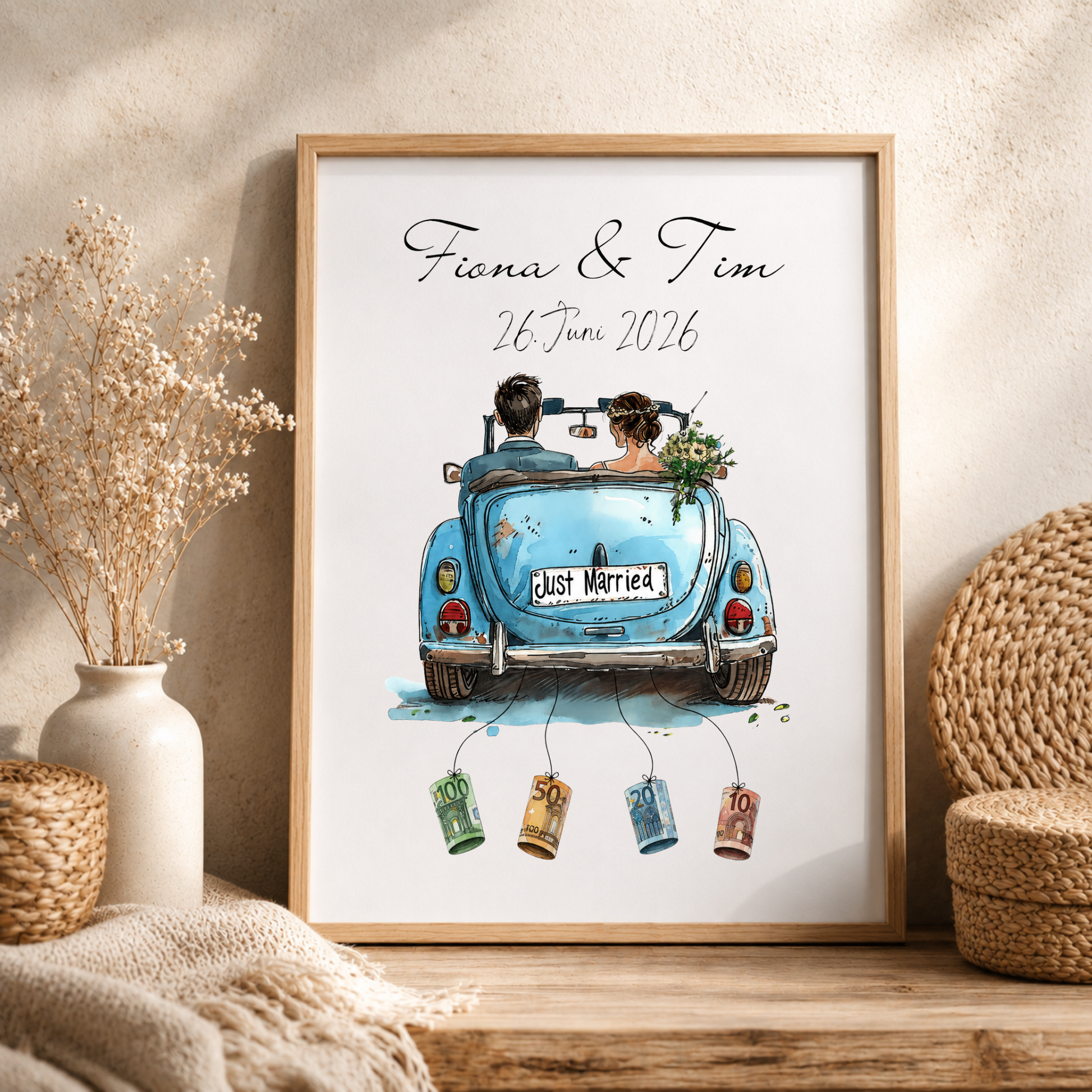 Personalisiertes Geldgeschenk zur Hochzeit mit Brautpaar im blauen Oldtimer Cabrio, Namen und Datum, Printable Poster DIN A4 zum Ausdrucken und Einrahmen.