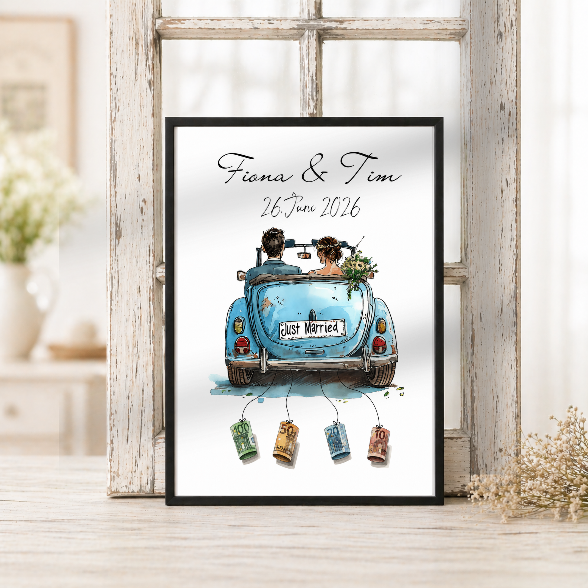 Personalisiertes Geldgeschenk zur Hochzeit mit Brautpaar im blauen Oldtimer Cabrio, Namen und Datum, Printable Poster DIN A4 zum Ausdrucken und Einrahmen.