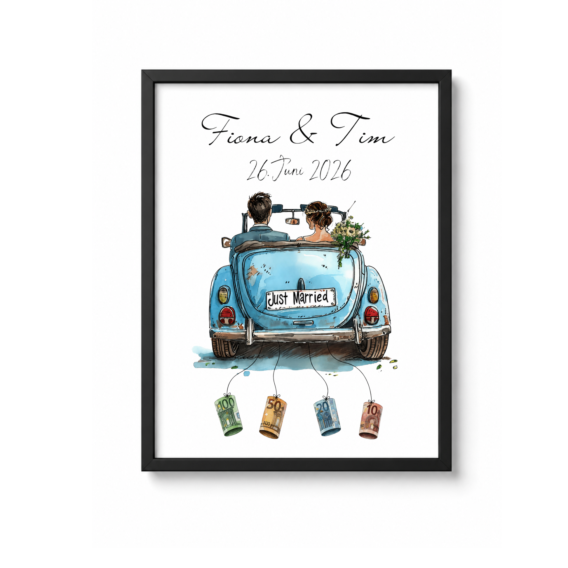 Personalisiertes Geldgeschenk zur Hochzeit mit Brautpaar im blauen Oldtimer Cabrio, Namen und Datum, Printable Poster DIN A4 zum Ausdrucken und Einrahmen.