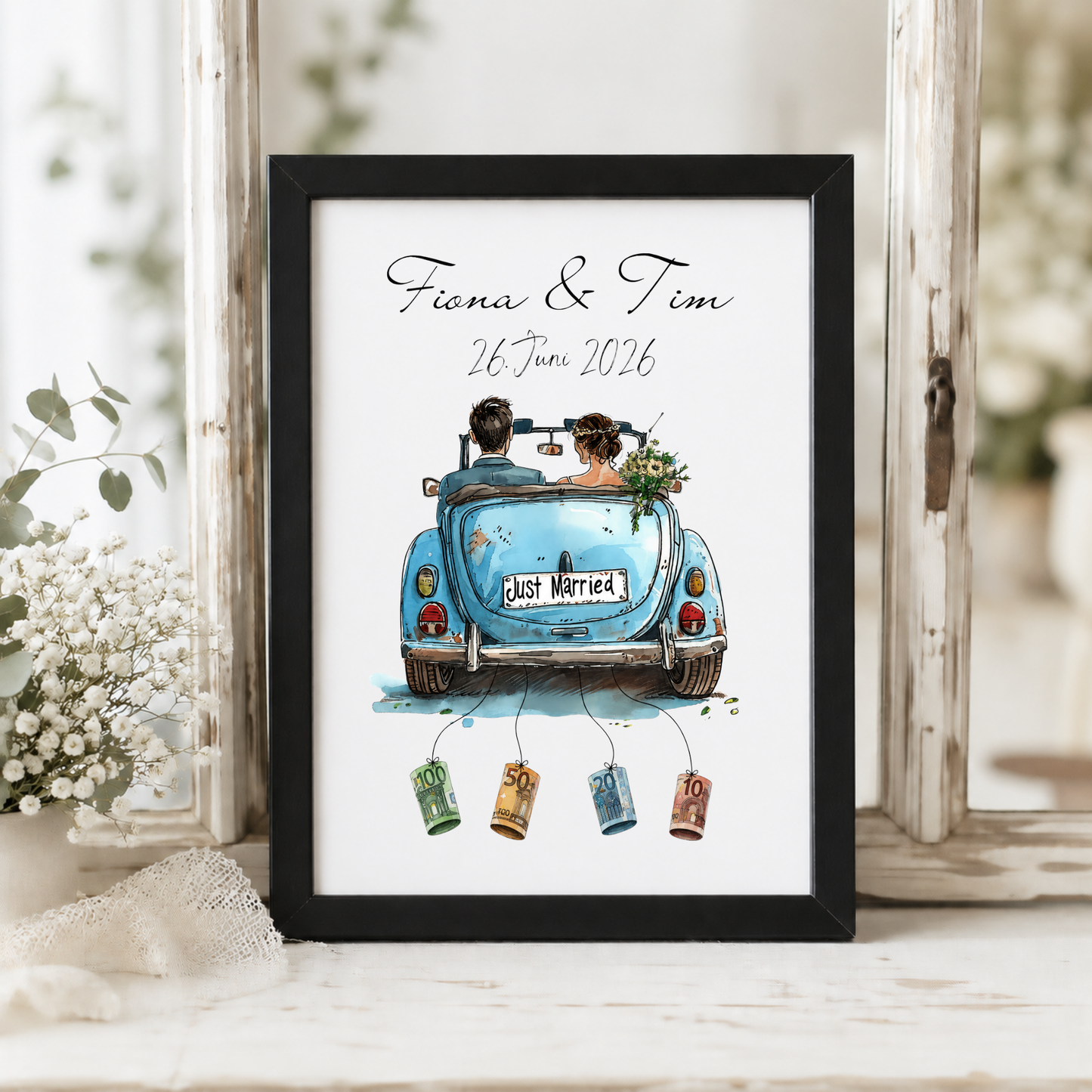 Personalisiertes Geldgeschenk zur Hochzeit mit Brautpaar im blauen Oldtimer Cabrio, Namen und Datum, Printable Poster DIN A4 zum Ausdrucken und Einrahmen.