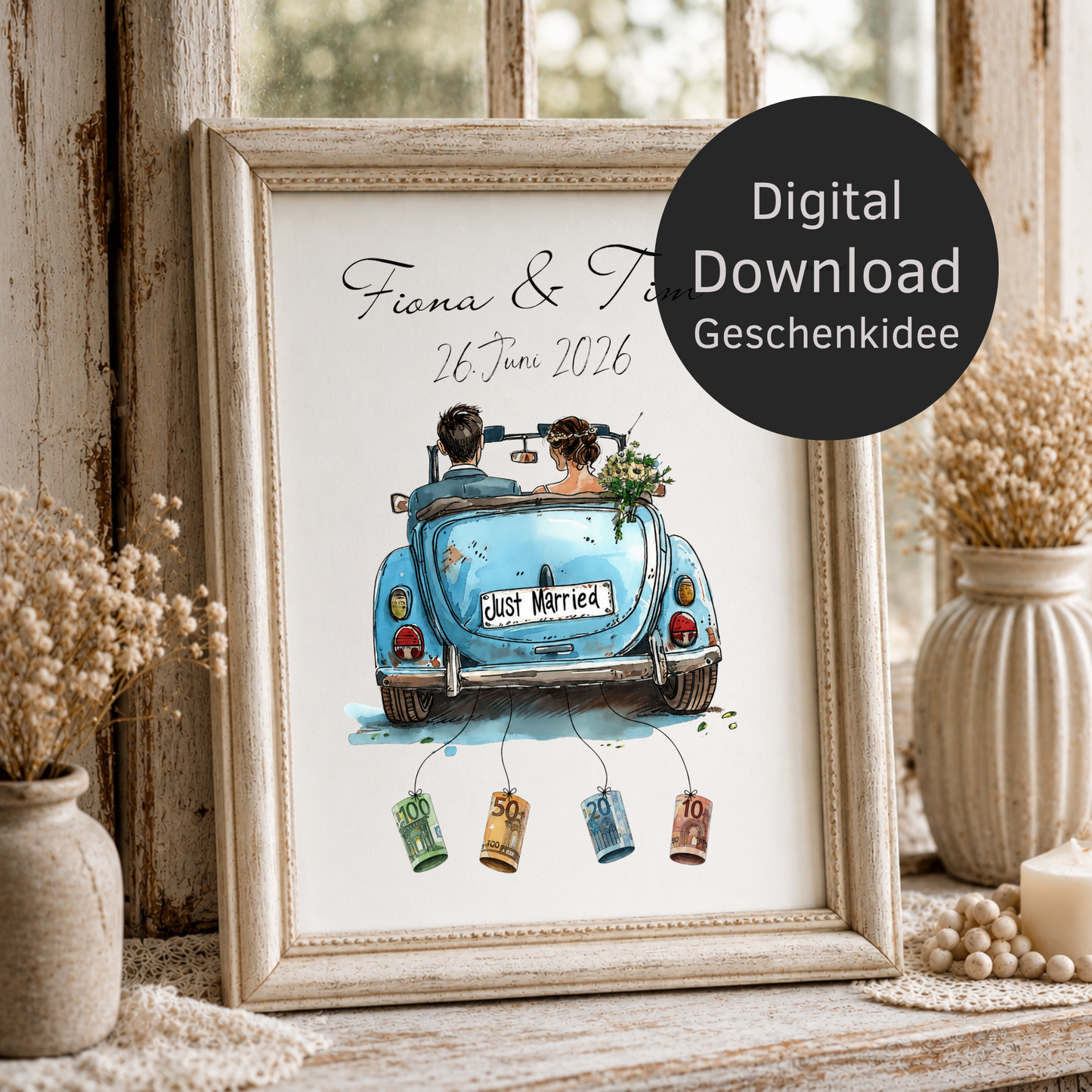 Personalisiertes Geldgeschenk zur Hochzeit mit Brautpaar im blauen Oldtimer Cabrio, Namen und Datum, Printable Poster DIN A4 zum Ausdrucken und Einrahmen.