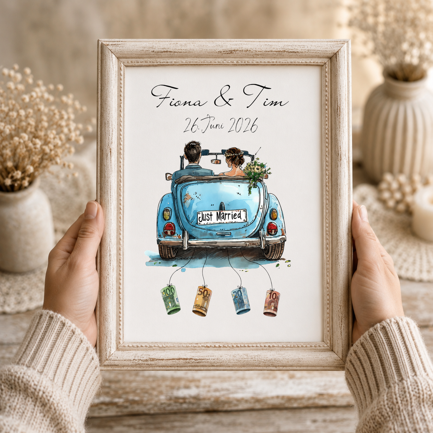 Personalisiertes Geldgeschenk zur Hochzeit mit Brautpaar im blauen Oldtimer Cabrio, Namen und Datum, Printable Poster DIN A4 zum Ausdrucken und Einrahmen.