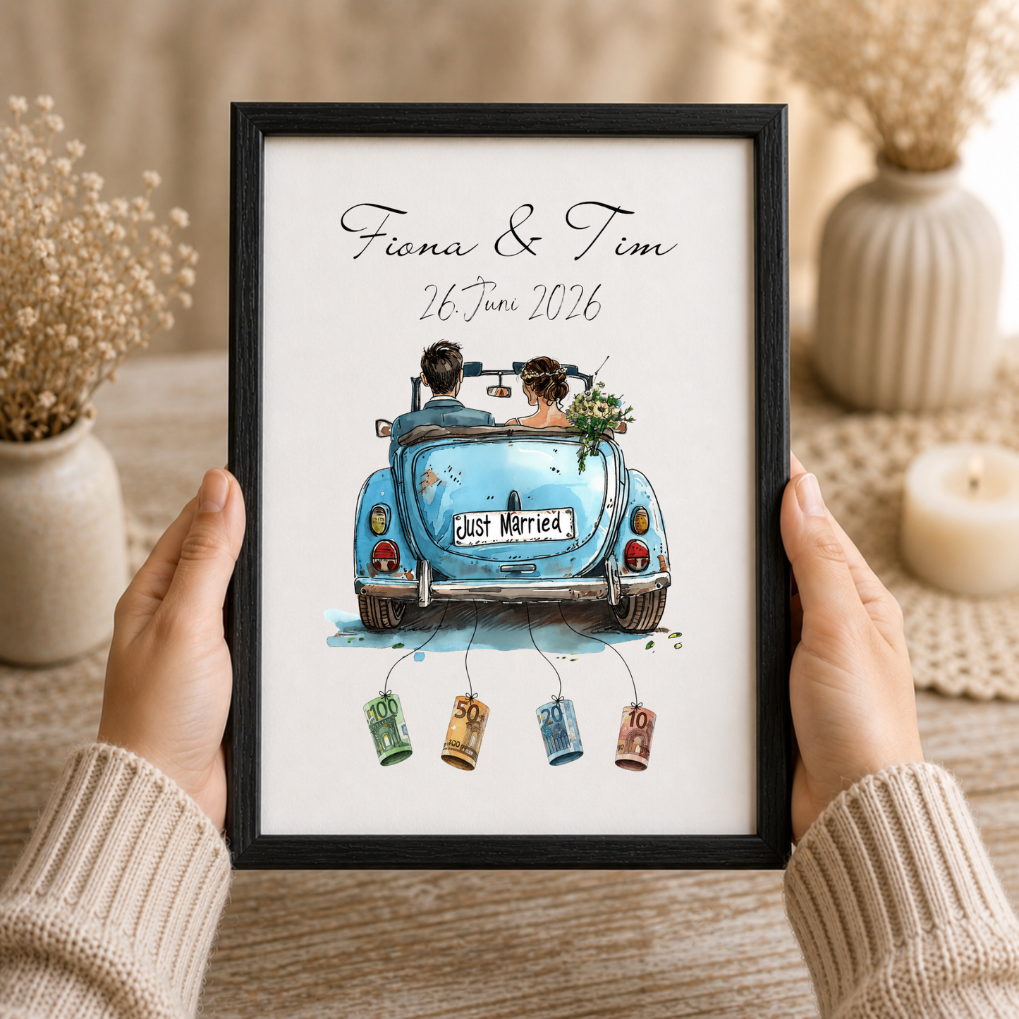 Personalisiertes Geldgeschenk zur Hochzeit mit Brautpaar im blauen Oldtimer Cabrio, Namen und Datum, Printable Poster DIN A4 zum Ausdrucken und Einrahmen.