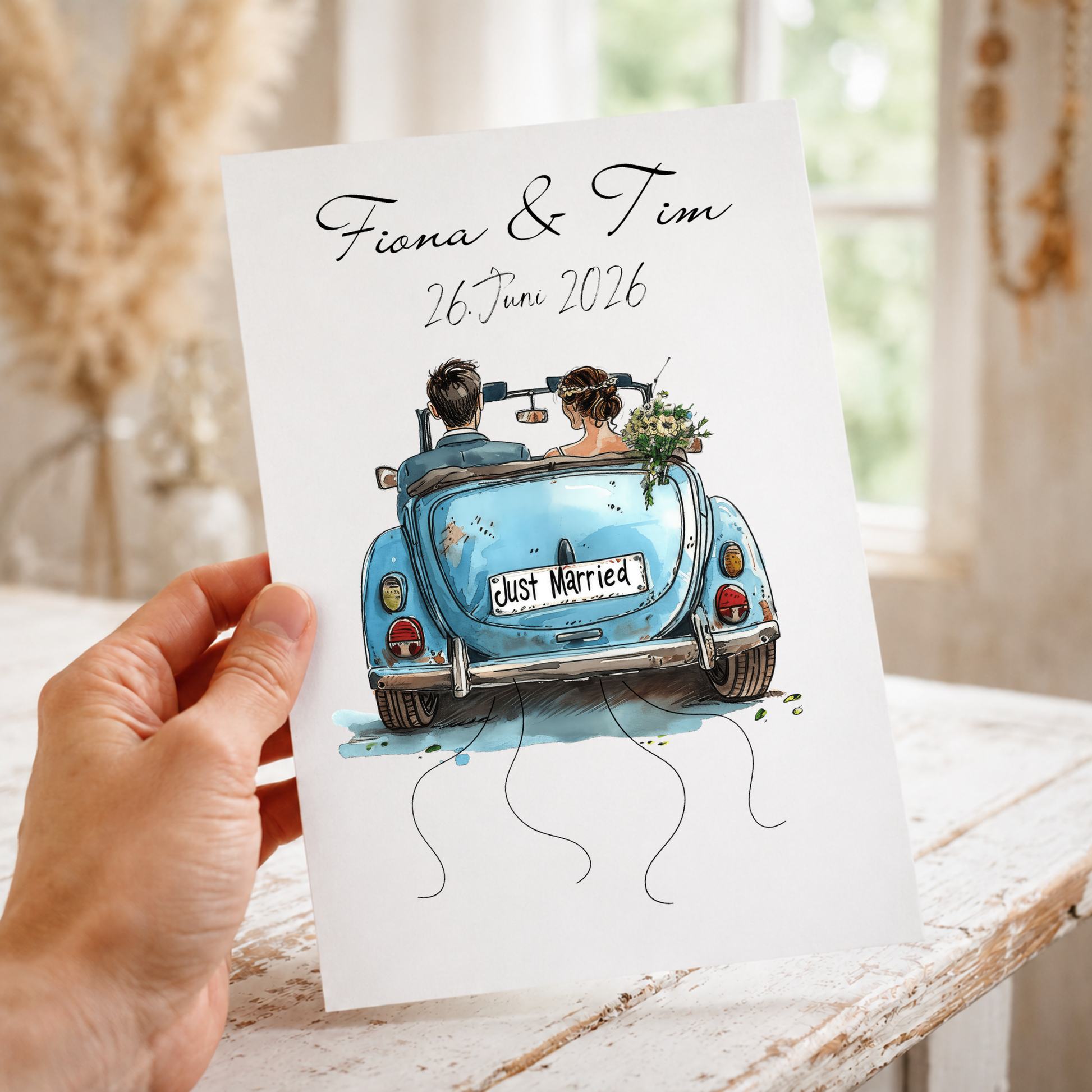 Personalisiertes Geldgeschenk zur Hochzeit mit Brautpaar im blauen Oldtimer Cabrio, Namen und Datum, Printable Poster DIN A4 zum Ausdrucken und Einrahmen.